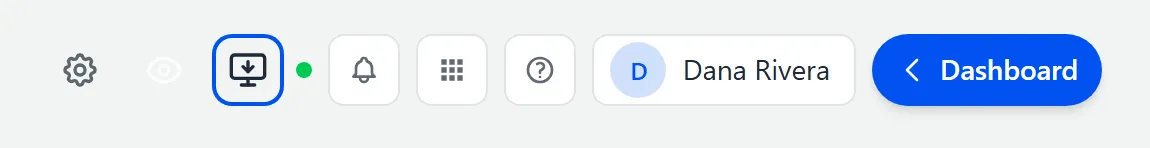 The chat page’s toolbar on a computer, with the Add GrndCtrl Chat button, a monitor with a down arrow, outlined beside the green connection dot