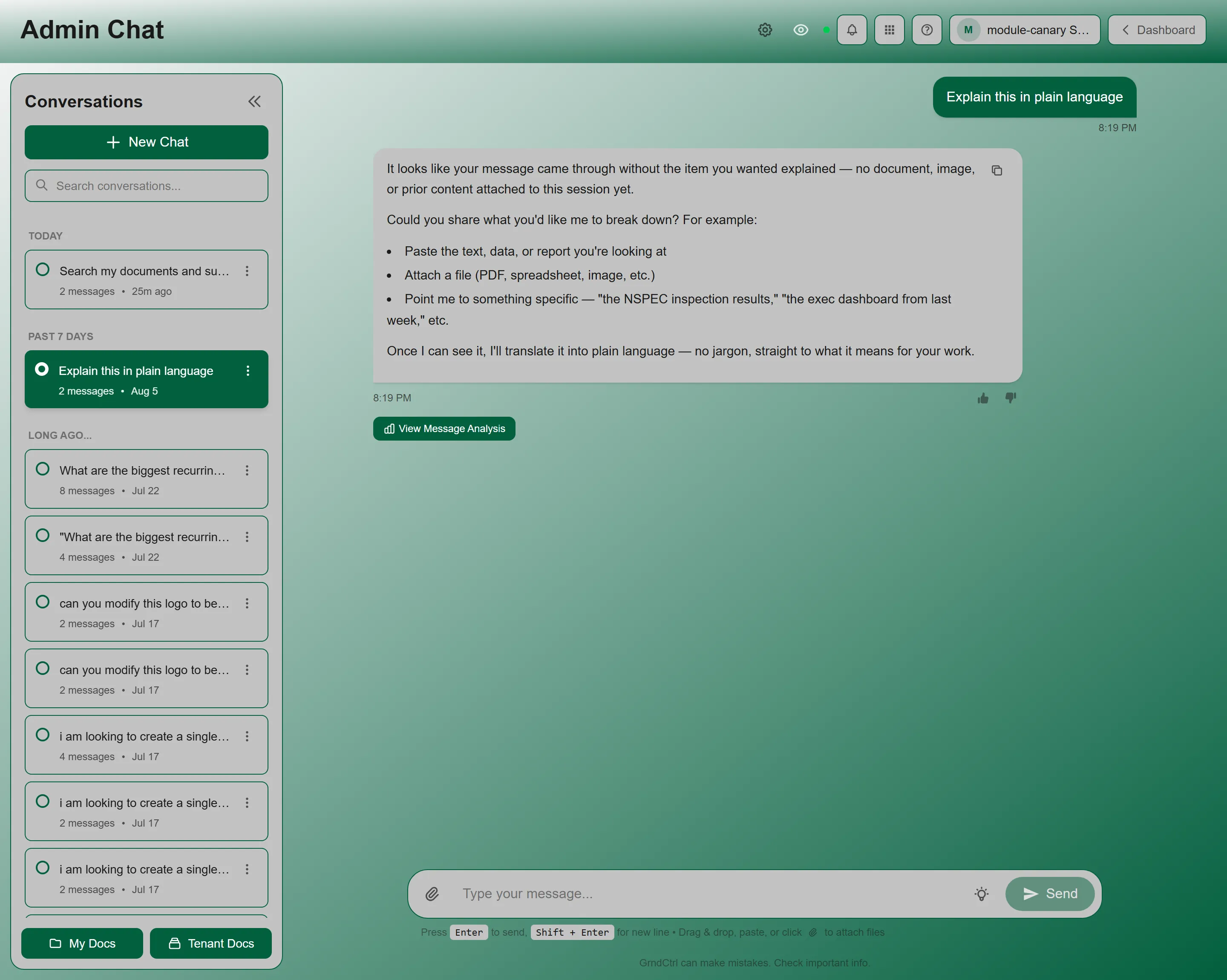 Admin Chat with a conversation open, showing the View Message Analysis button