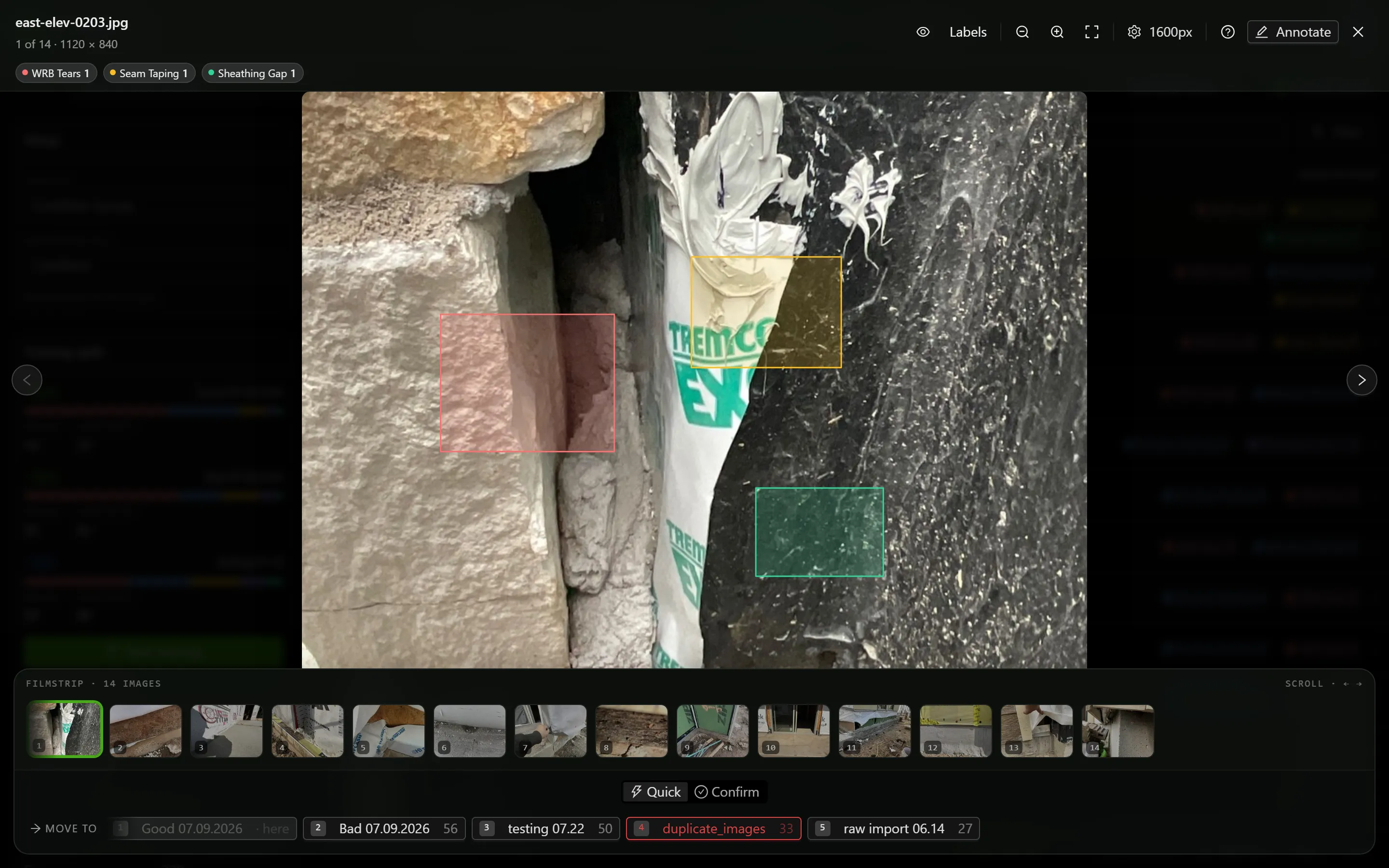 A photo open full screen in the Data Balancer, with its filename and position above it, class chips under those, the move bar and filmstrip along the bottom, and the Annotate control at the top right
