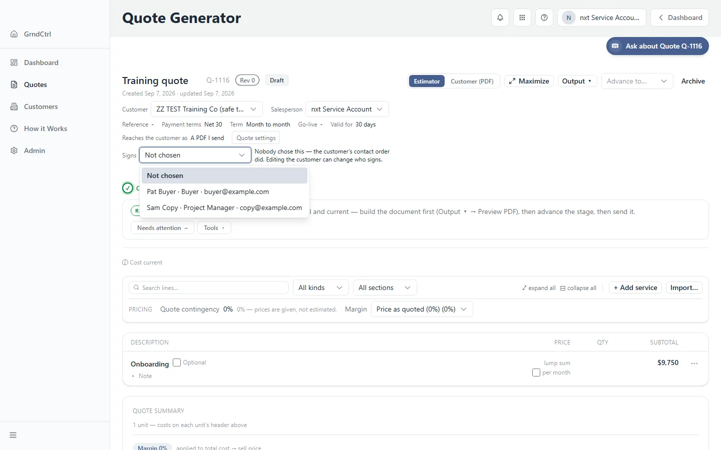 The quote header’s Signs control listing the customer’s contacts