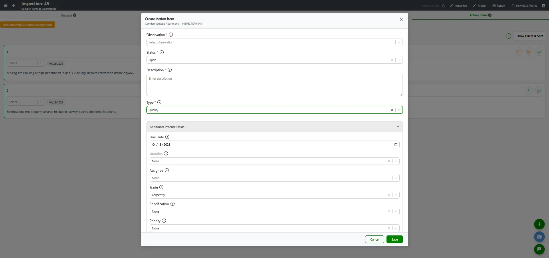 Add Action Item modal with Additional Procore Fields expanded