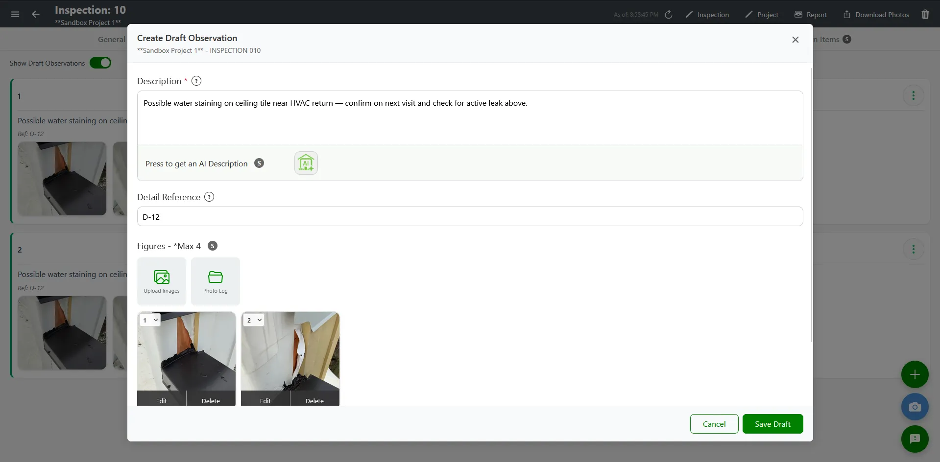 Add Draft Observation modal with text field and photo slots