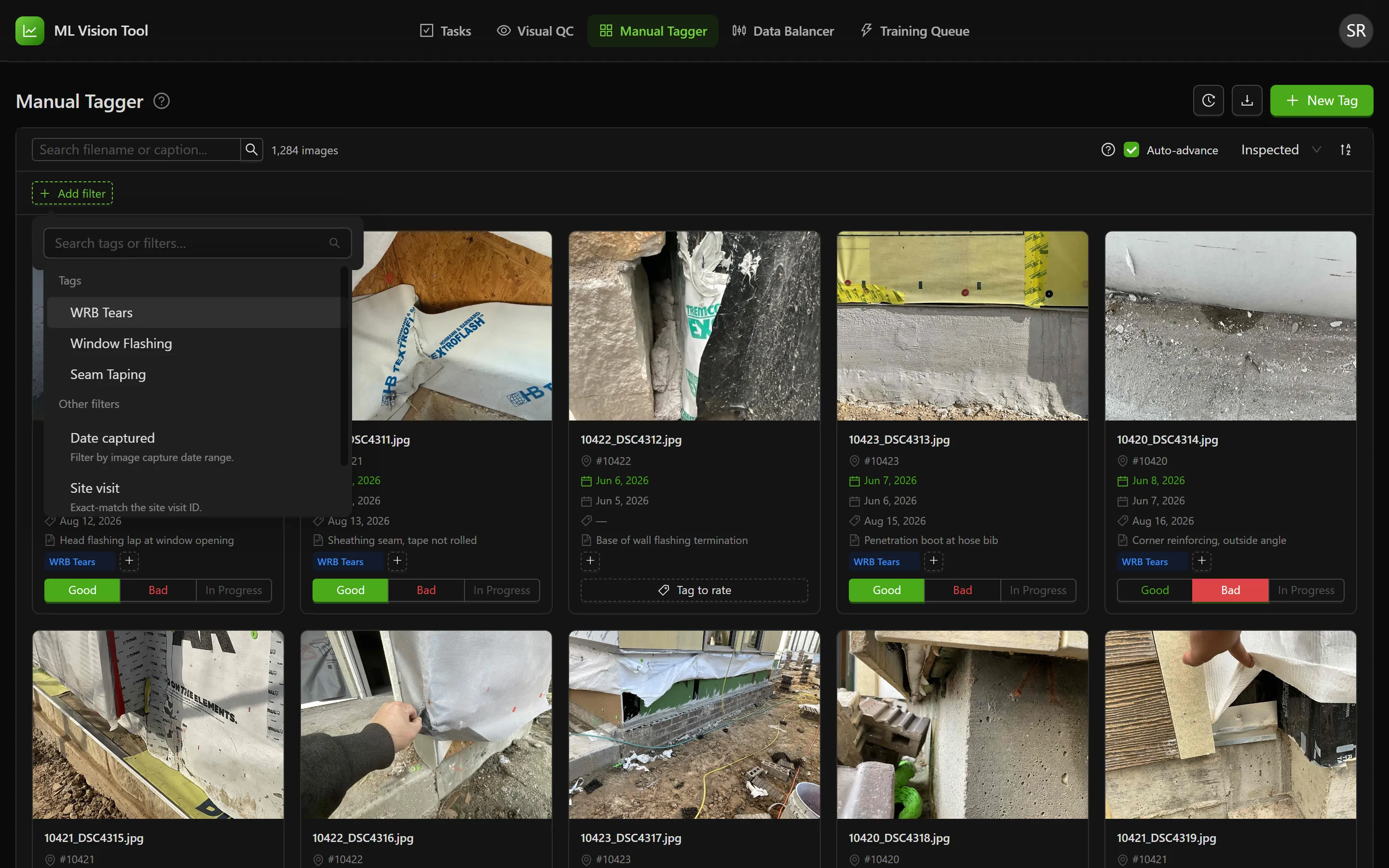 The Add filter picker open, listing the available tags in one group and the date, site visit, building and rating filters in an Other filters group with a description under each