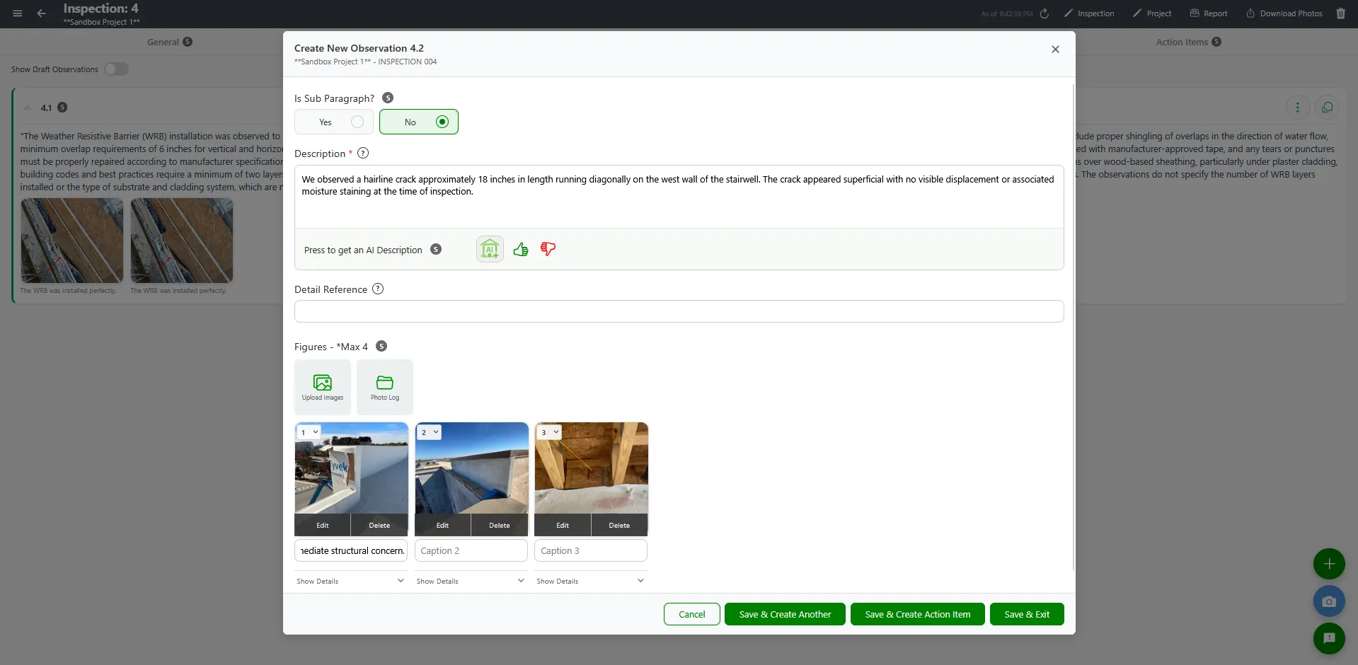 Add Observation modal with observation text and photo slots