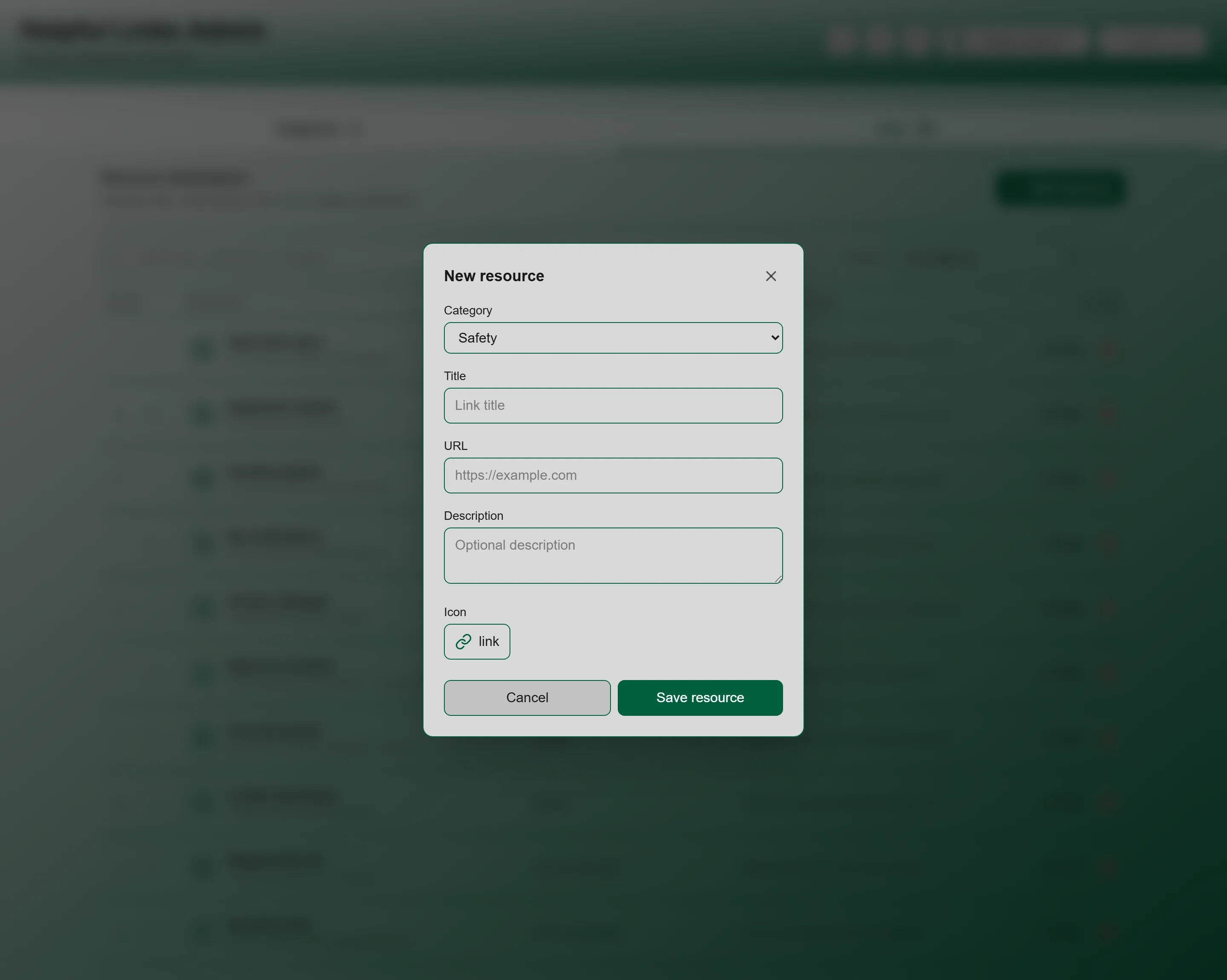 The New resource dialog showing the title, URL, category, icon and description fields