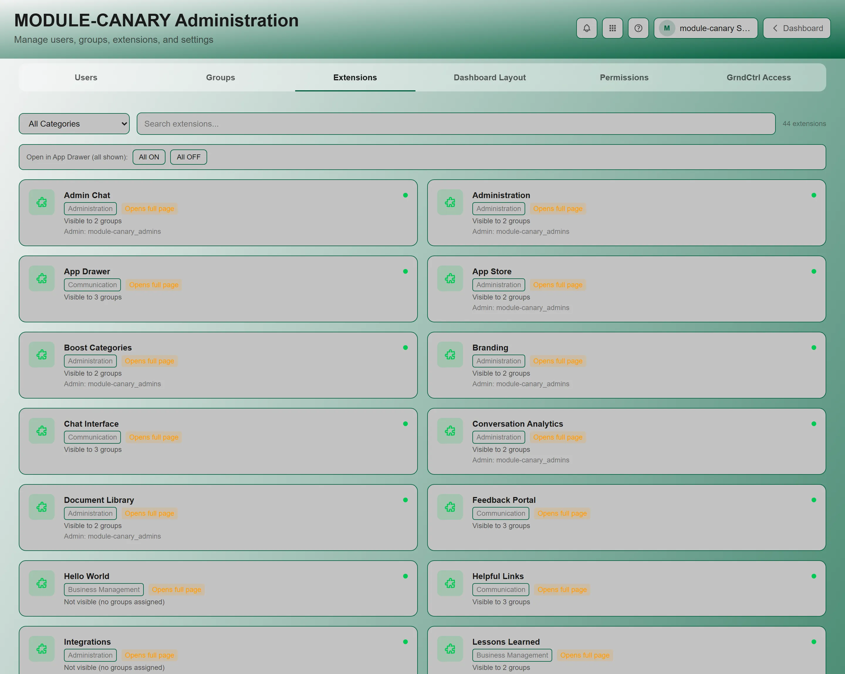The Administration Extensions tab, showing each extension’s group visibility state