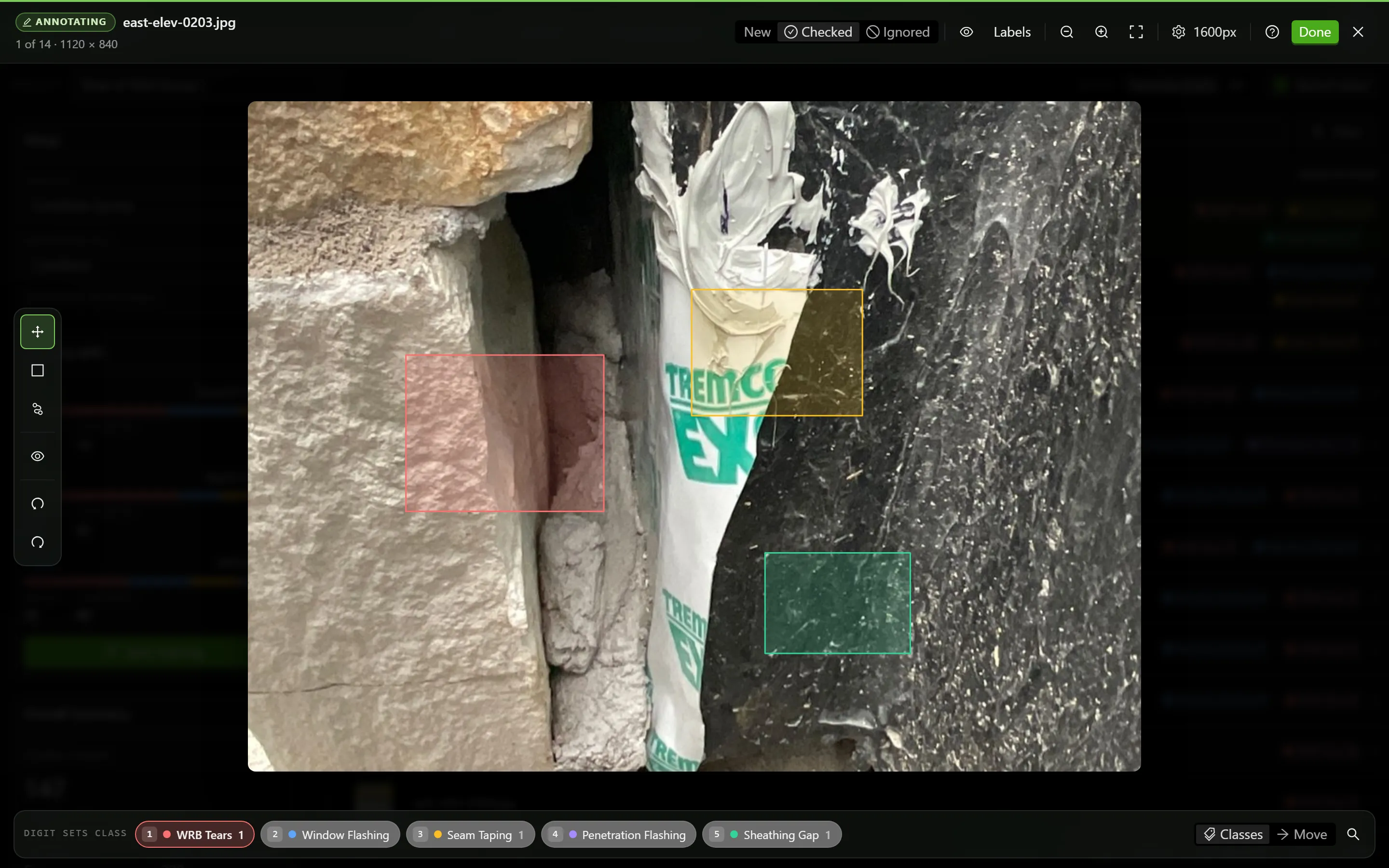 Annotate mode on a photo, with the Annotating chip beside the filename, the drawing tools down the left, annotation boxes over the wall assembly, and the class palette along the bottom