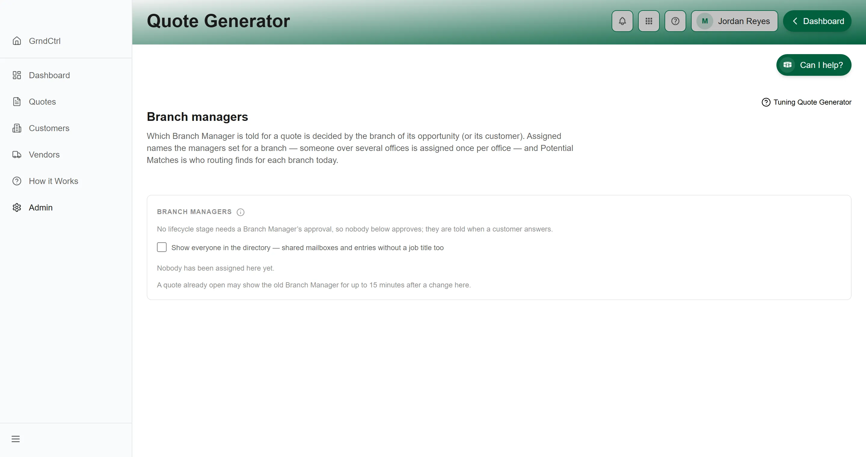 The Approvers page under Admin, Operations (captured before the rename, when it was called Branch managers): the page’s explanation of Assigned and Potential Matches, the Show everyone in the directory switch and the footer saying nobody has been assigned yet