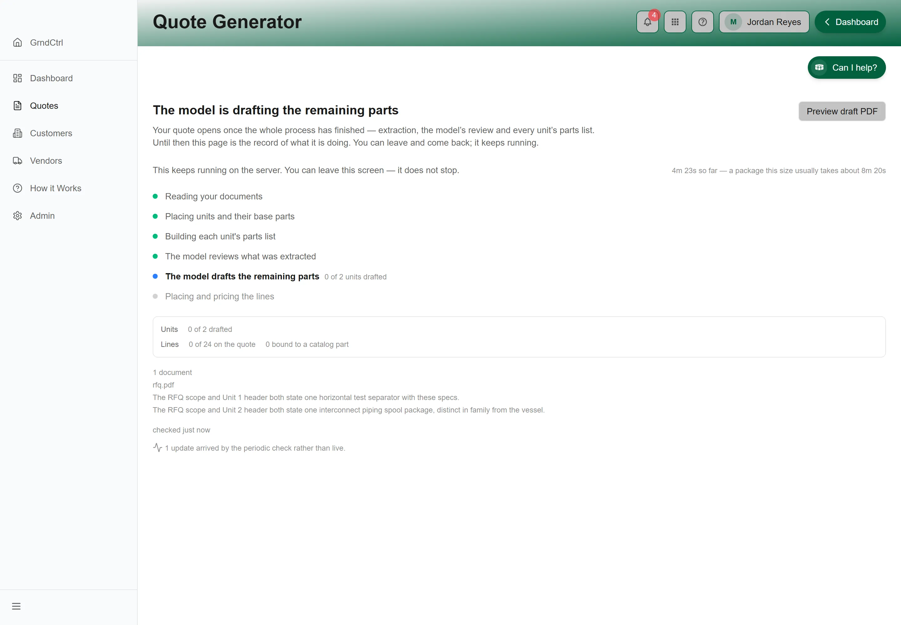 The build page for a quote built from an RFQ: the stage list with the model drafting the remaining parts, the units and lines counters, the document’s own notes and the elapsed time against how long a package this size usually takes