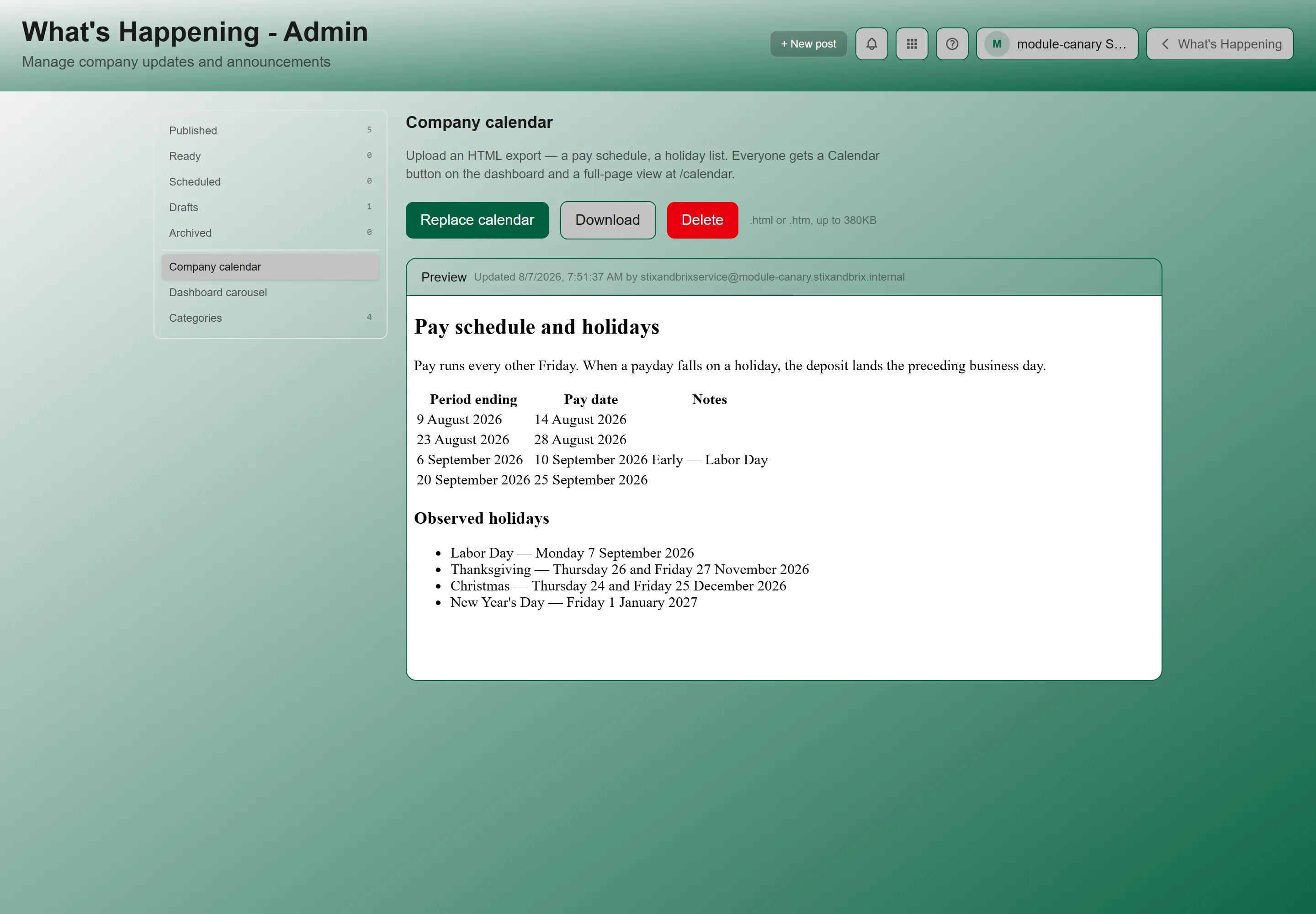 The Company calendar admin section, with the Replace calendar button and the preview pane