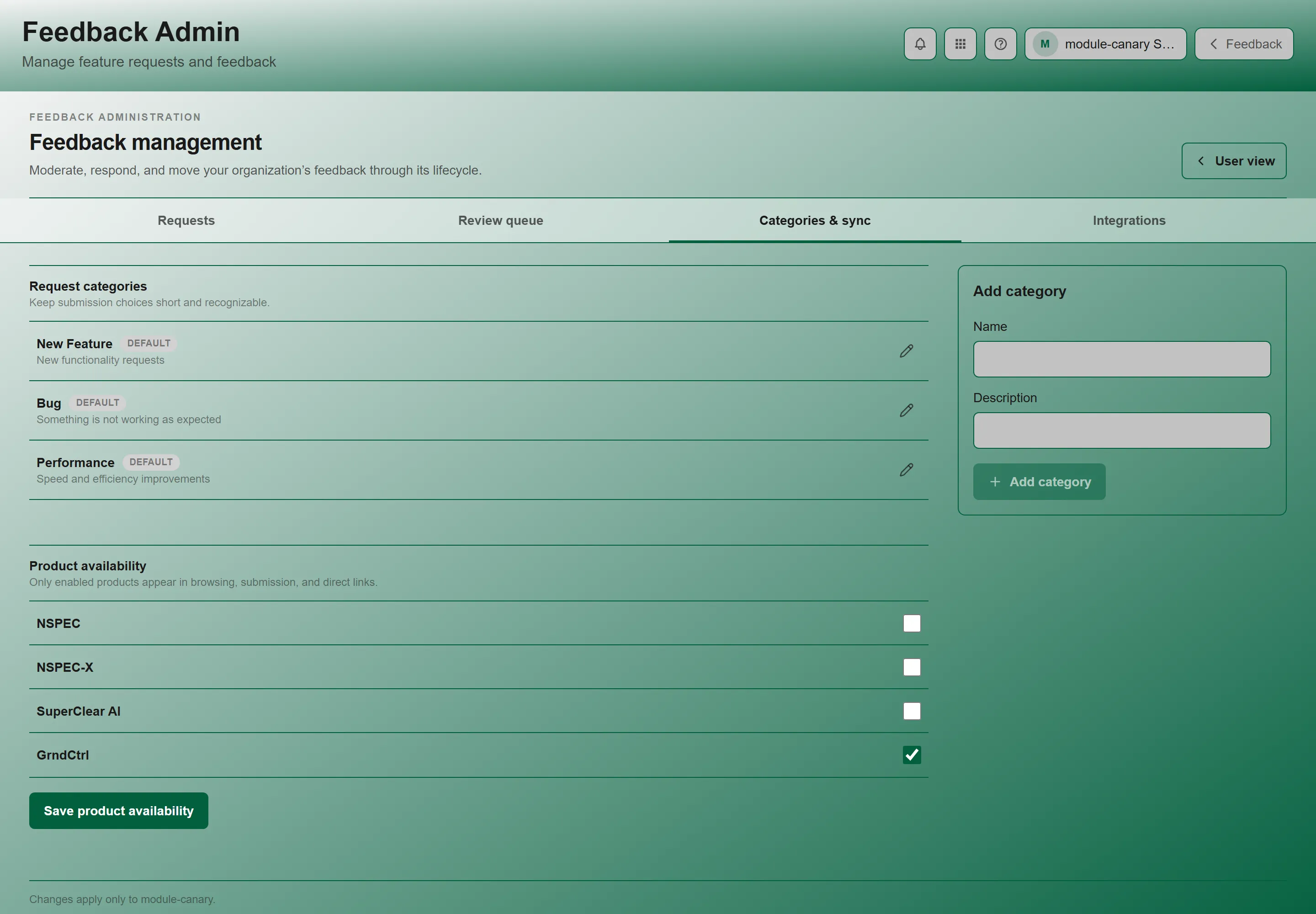 The Categories and sync section, showing request categories and product availability