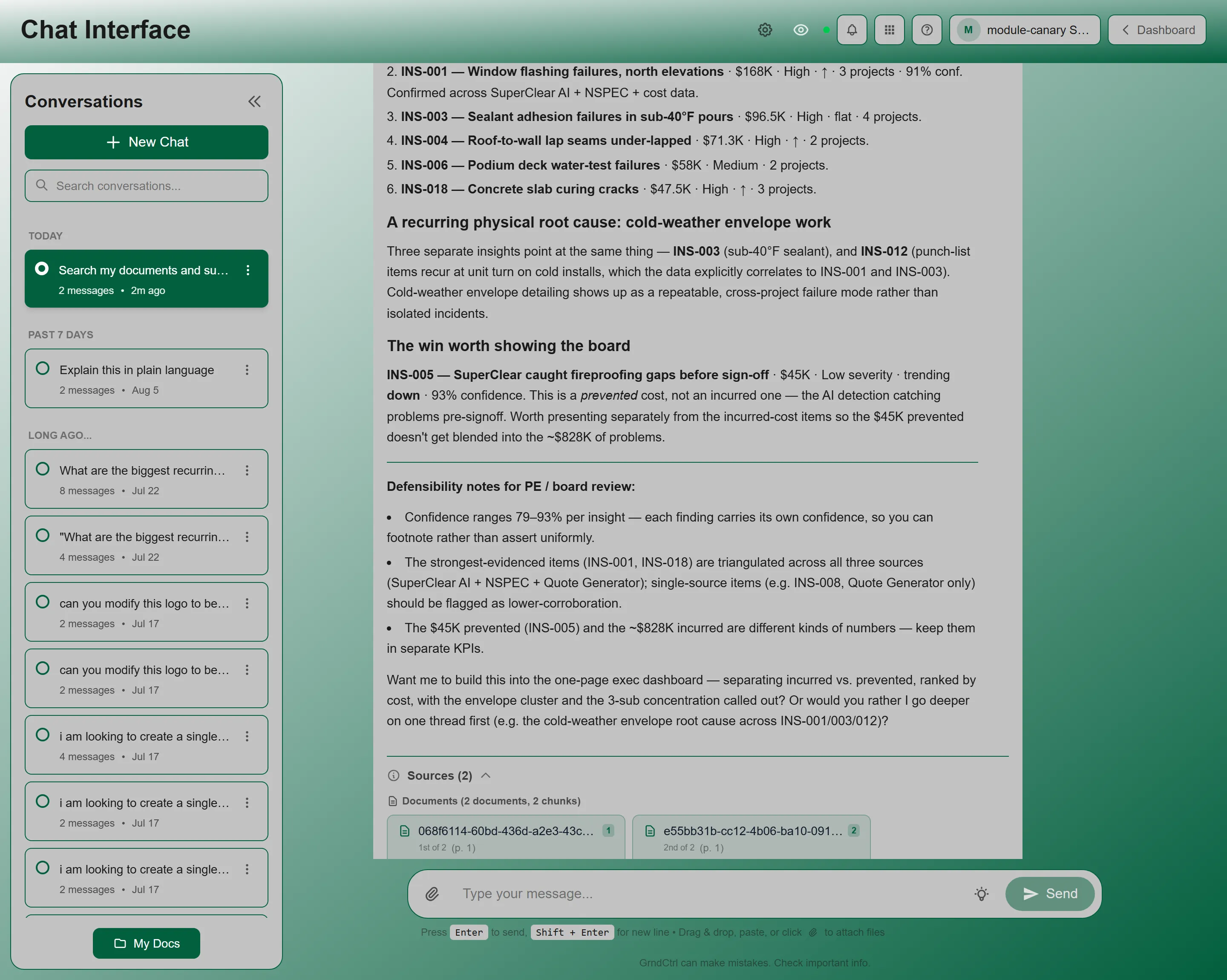 An AI chat response with its Sources panel expanded, showing the documents it cited