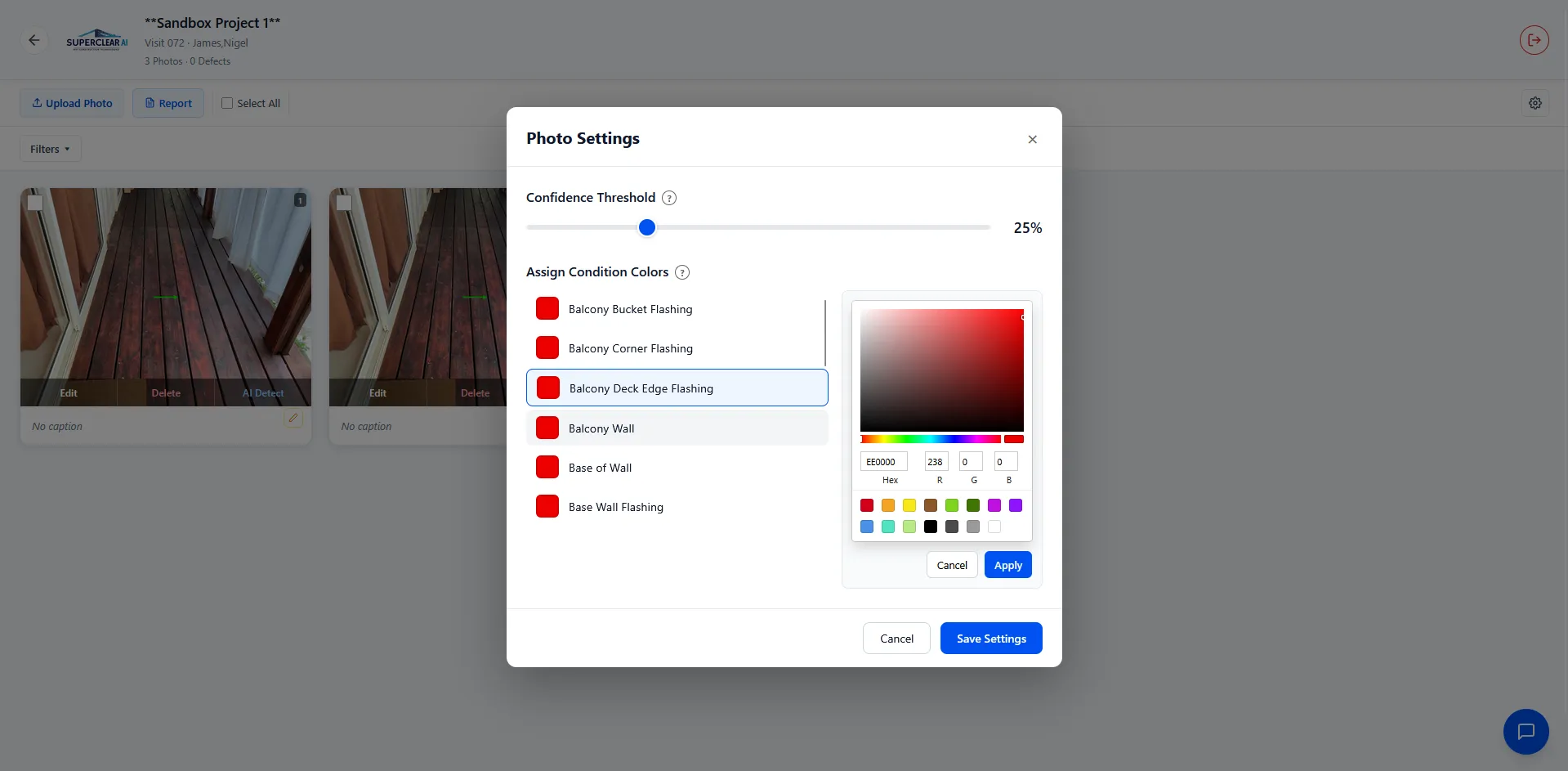 Photo Settings with Balcony Deck Edge Flashing selected and SketchPicker color picker expanded showing hue area, preset swatches, and Cancel and Apply buttons