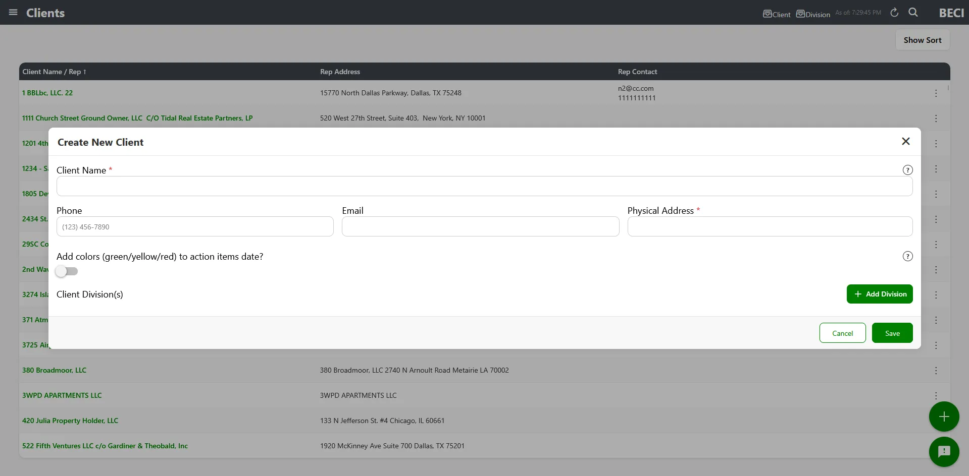 Create Client modal with sample data filled in
