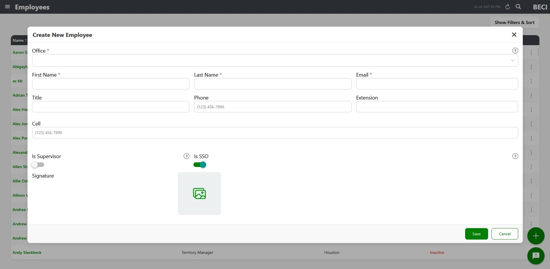 Create Employee modal with Office, Name, Email, and Is Supervisor checkboxes