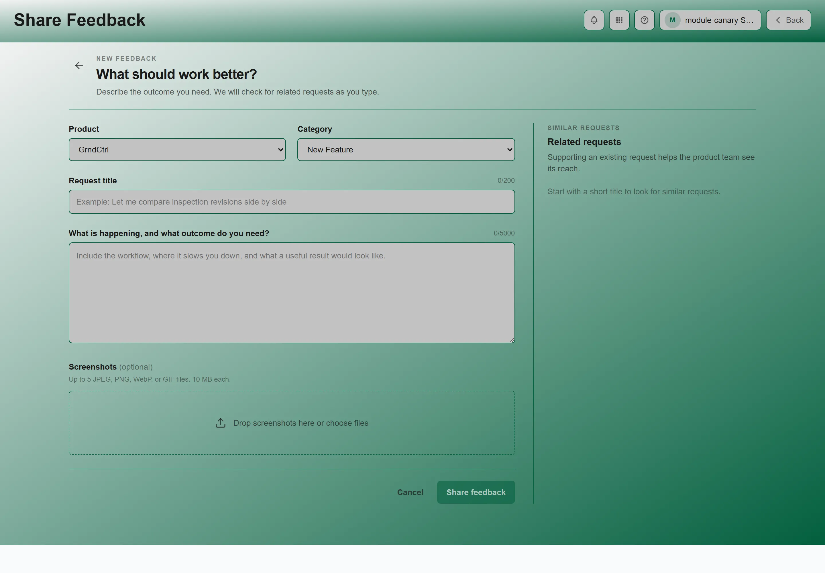 The Share feedback form showing the Title, Description and Category fields