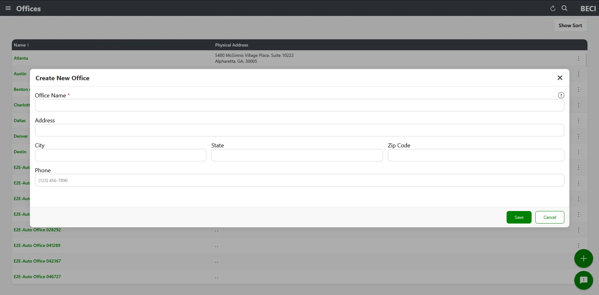 Create Office modal with sample data filled in