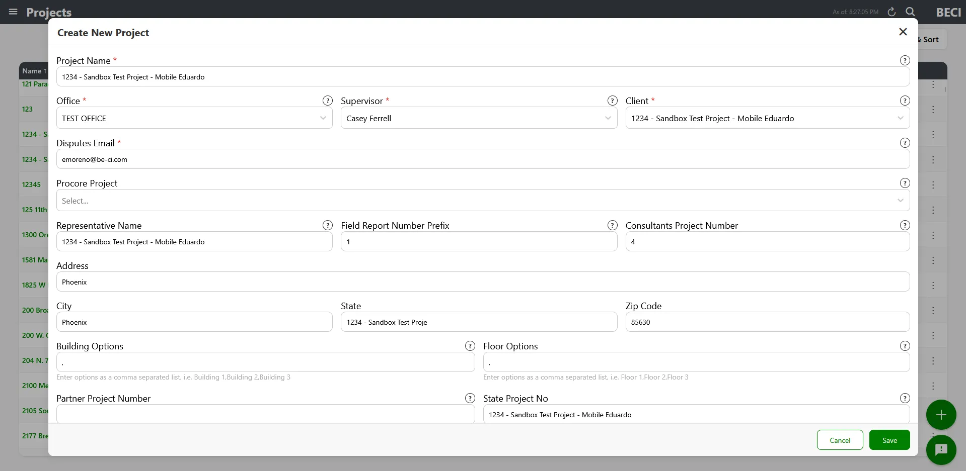 Create Project modal with required fields filled in