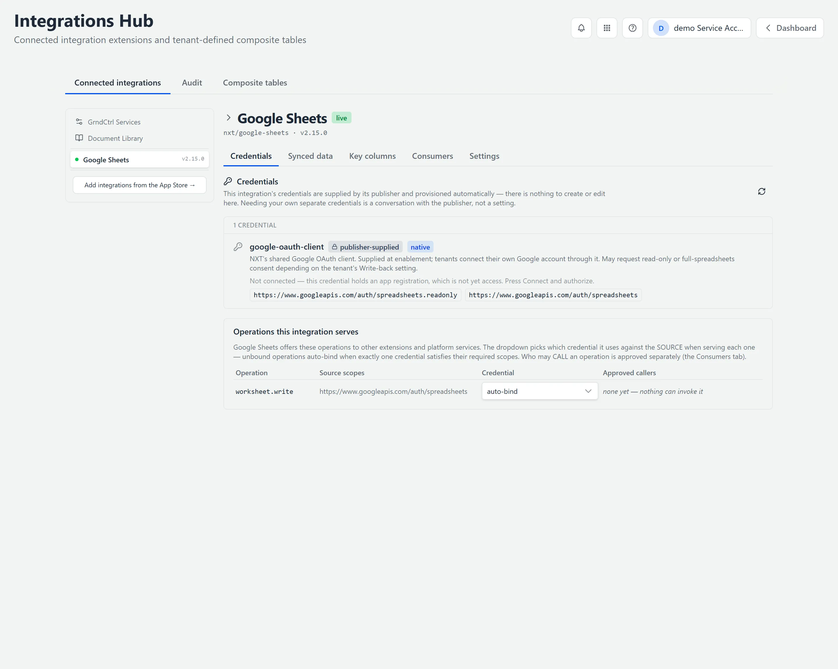 An integration’s Credentials tab, showing its credential and the operations it serves