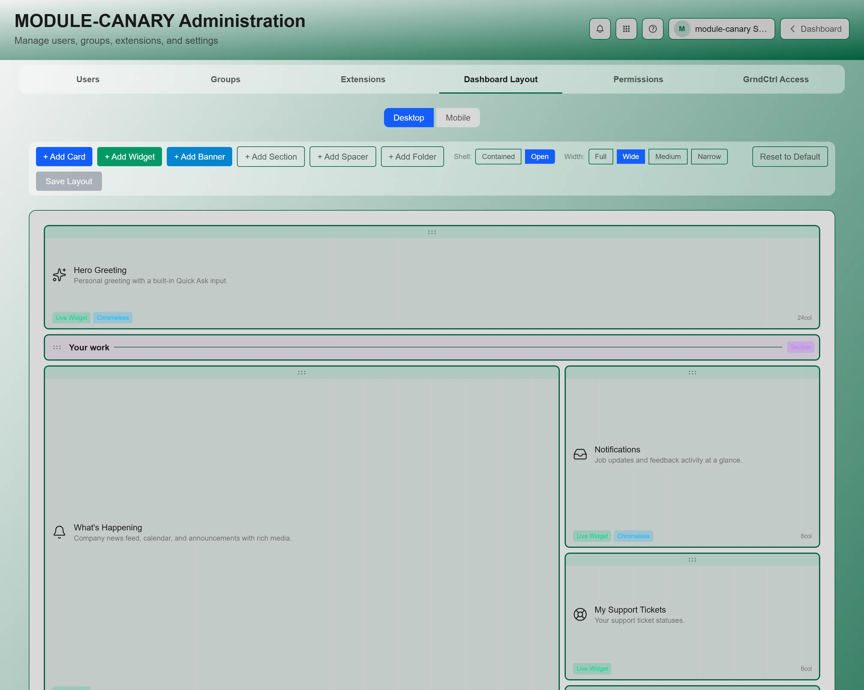 The Dashboard Layout editor, showing the drag-and-drop card grid