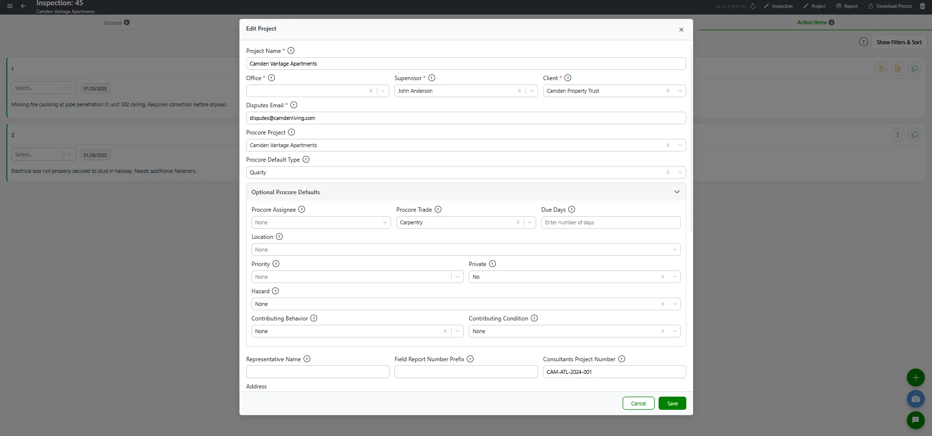 Edit Project modal with Optional Procore Defaults expanded showing all fields