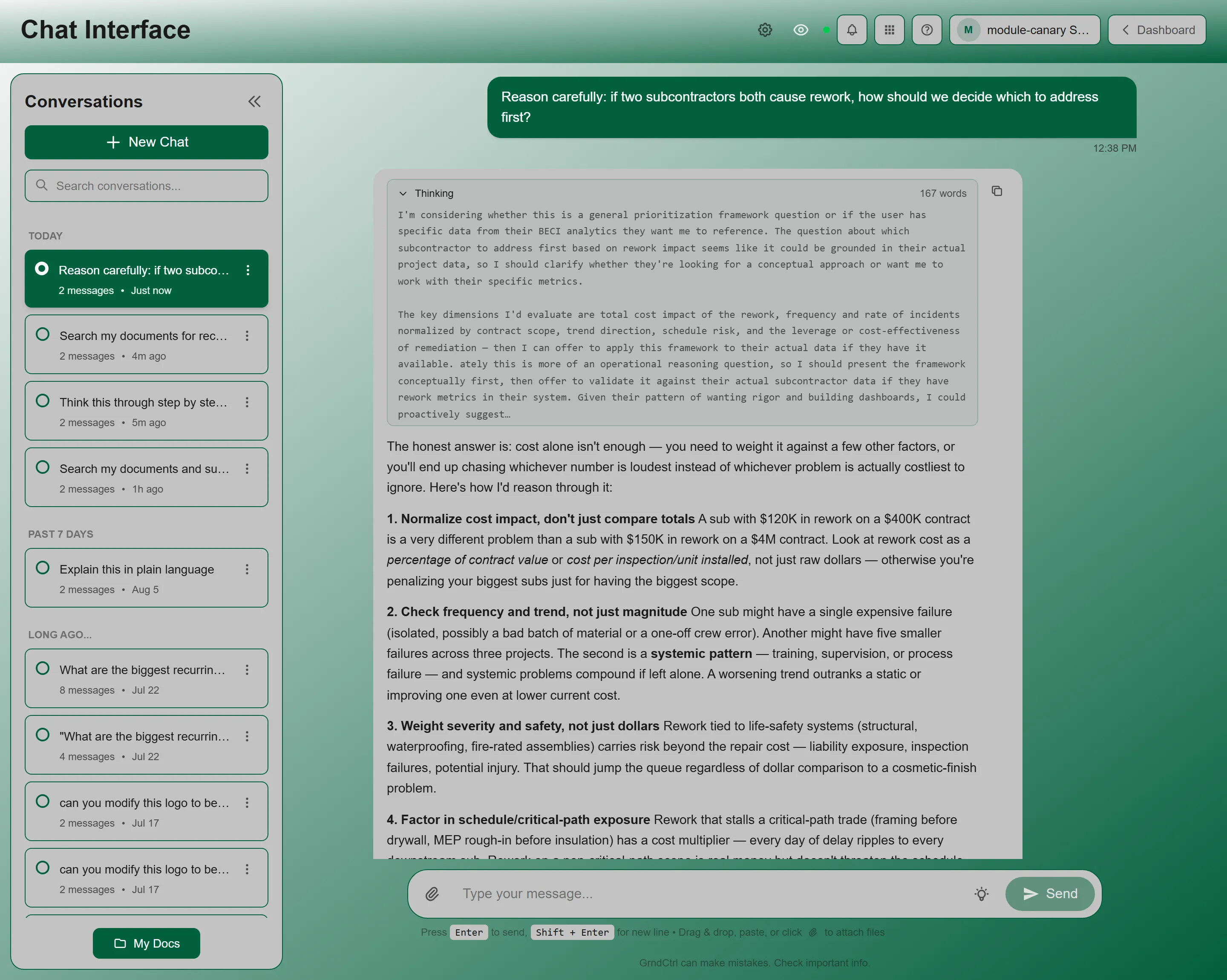 An AI response with its Extended Thinking panel expanded, showing the reasoning before the answer
