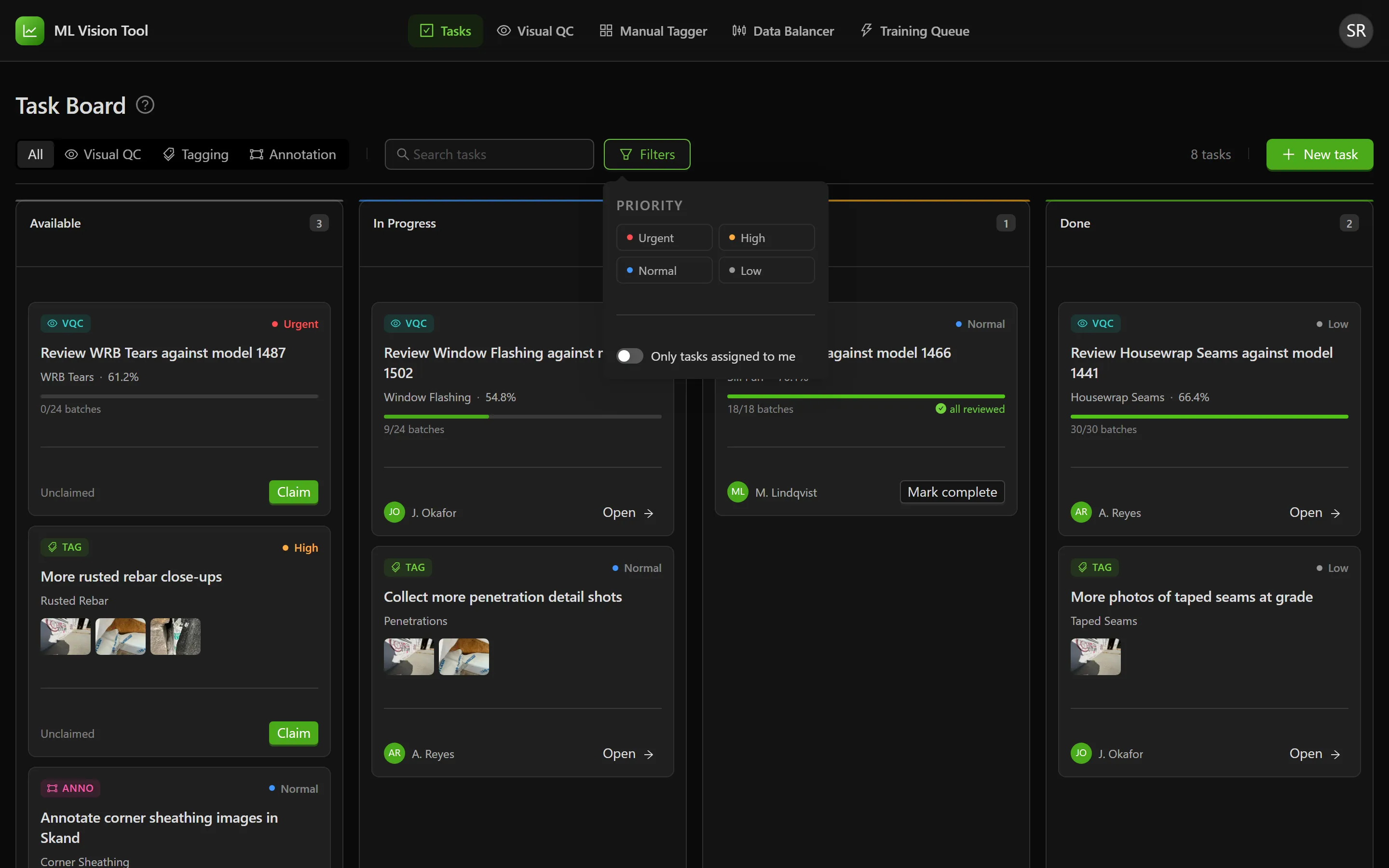 The Filters panel open over the Task Board, with priority chips for urgent, high, normal and low above a switch for showing only tasks assigned to you