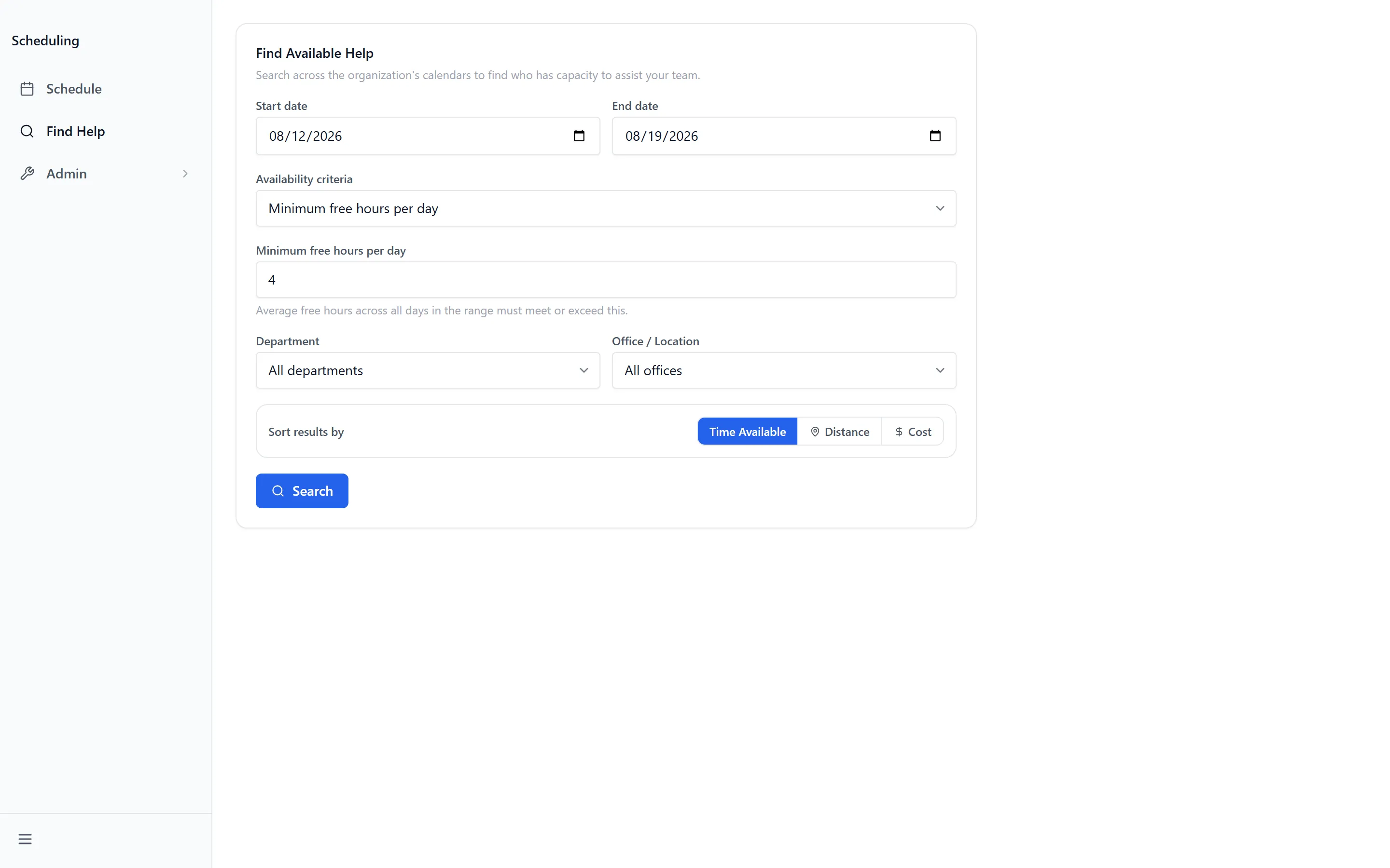 Find Help, with the date range, office, department and minimum-free-hours criteria used to search for available people