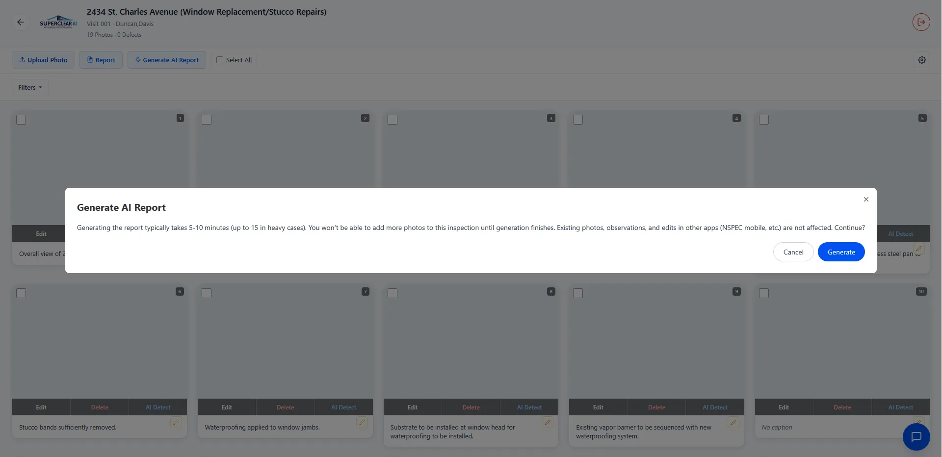 The Generate AI Report confirmation dialog noting generation takes 5 to 10 minutes, with Cancel and Generate buttons