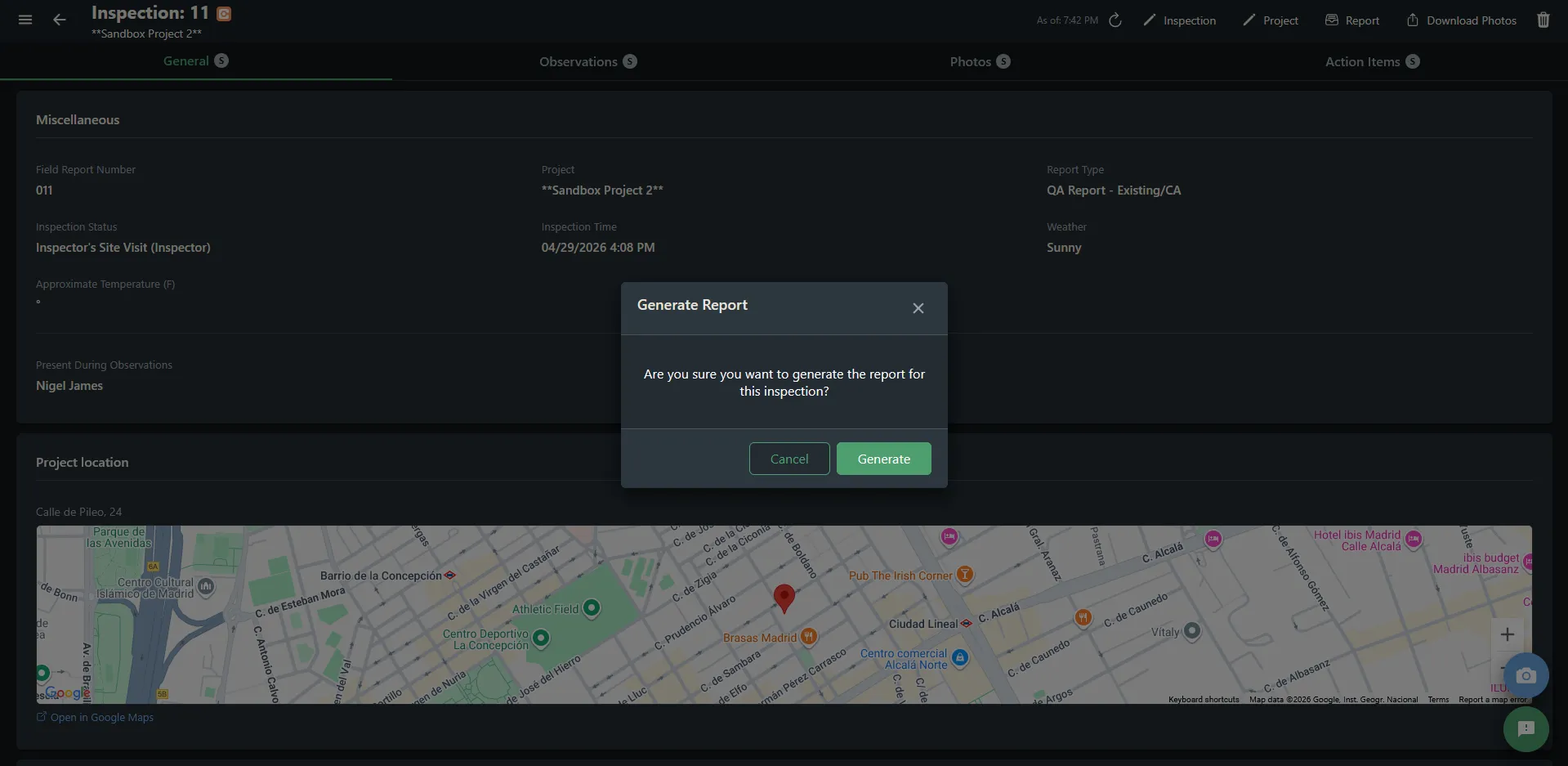 Generate Report confirmation modal
