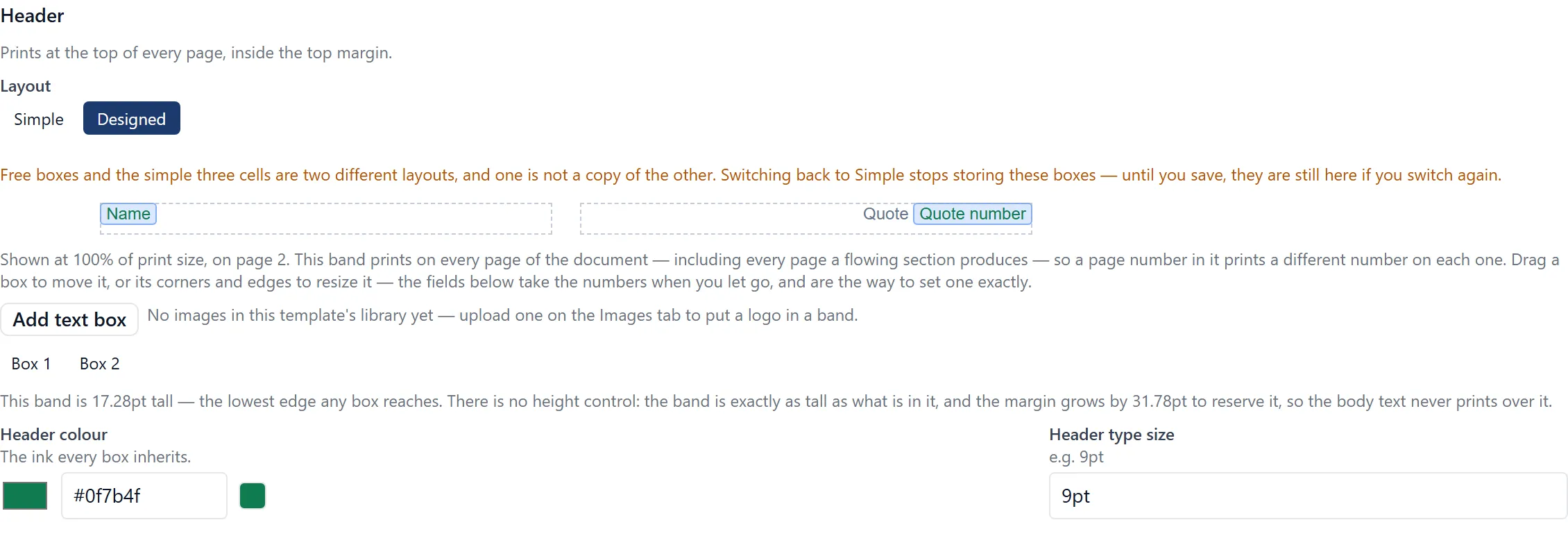 The header band editor, with its Simple and Designed layout choice, a preview of the band’s boxes, and its colour and type size