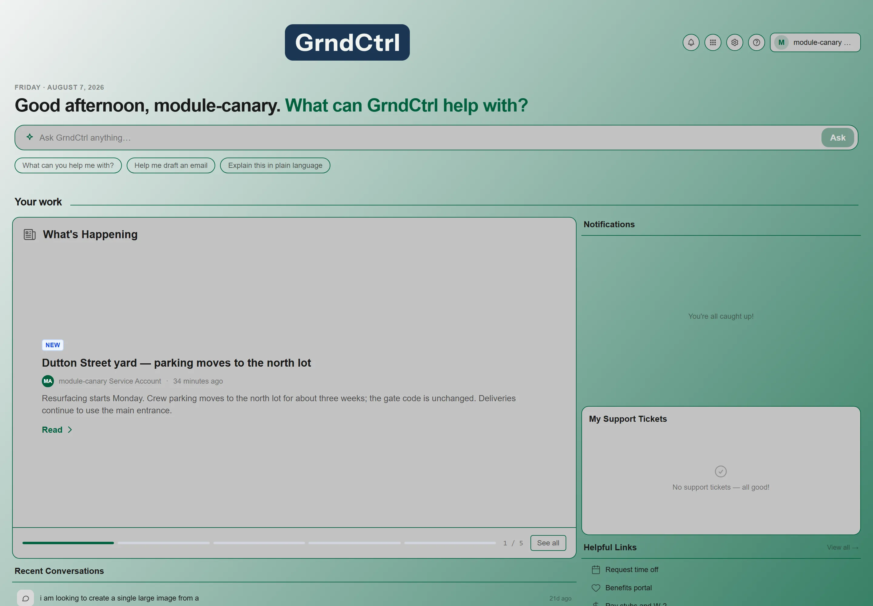 The Home screen widget dashboard, with the What’s Happening carousel and the Helpful Links rail