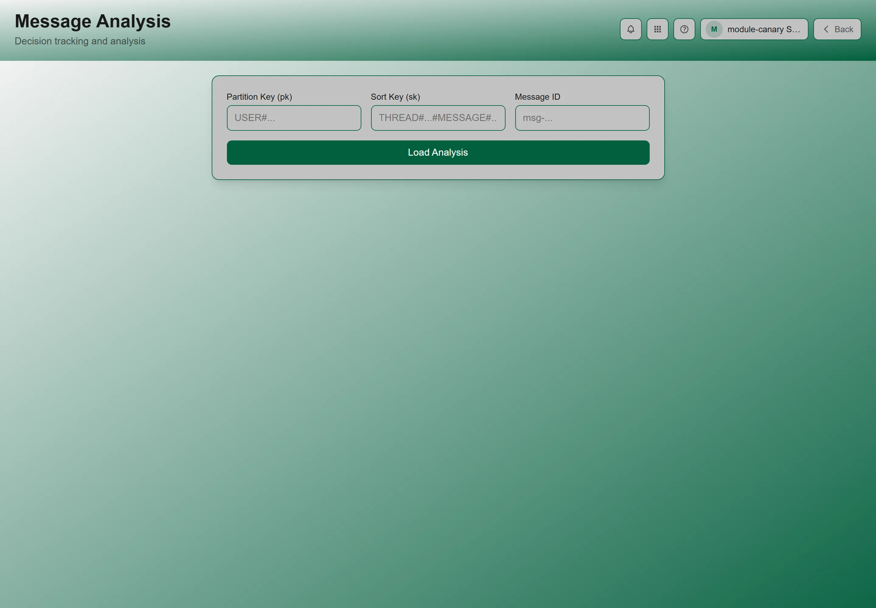 The Message Analysis page, showing the analysis lookup and its token breakdown