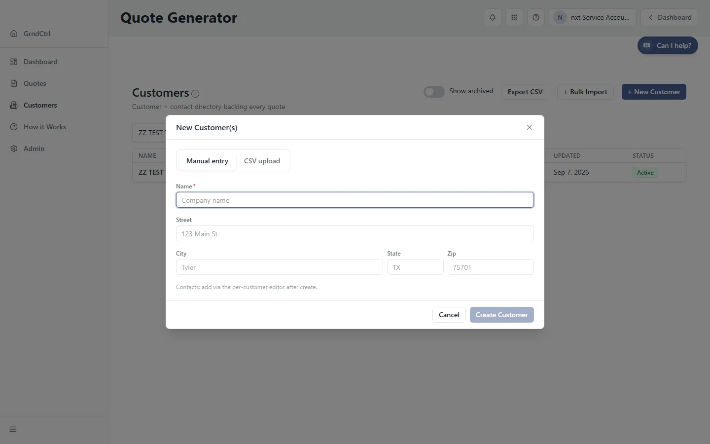 The New Customer(s) dialog showing the Manual entry tab with the Name, Street, City, State, and Zip fields
