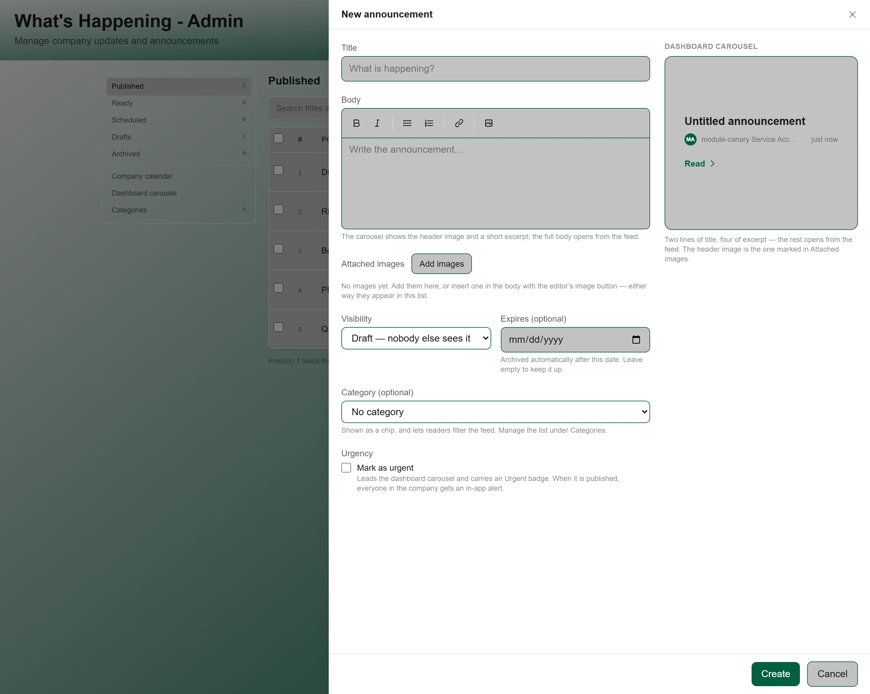 The new announcement form with title, content editor, image upload and expiry date
