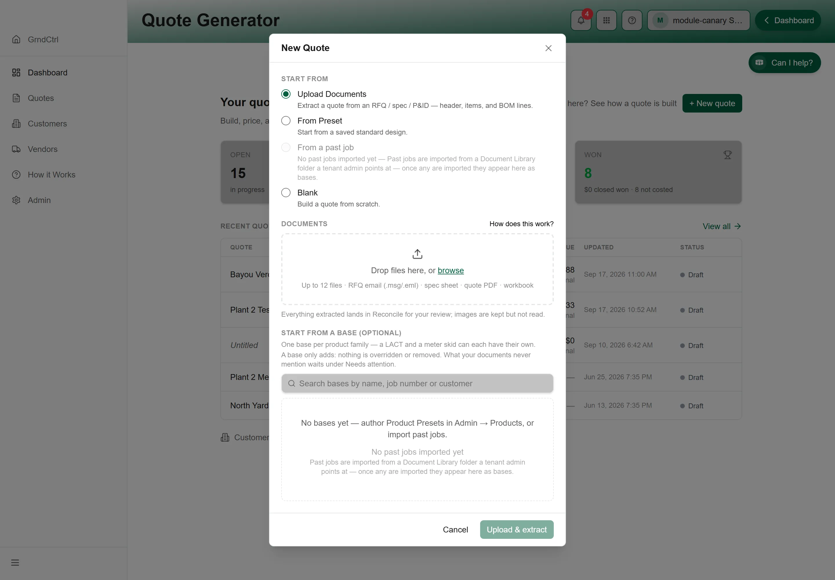 The New Quote dialog showing the Start from options Upload Documents, From Preset, From a past job and Blank, the documents drop zone and the Upload & extract button