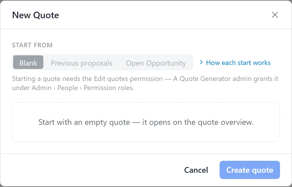 The New Quote dialog for someone without Edit quotes: Blank, Previous proposals and Open Opportunity dimmed under Start from, the reason under the row, and Create quote greyed out
