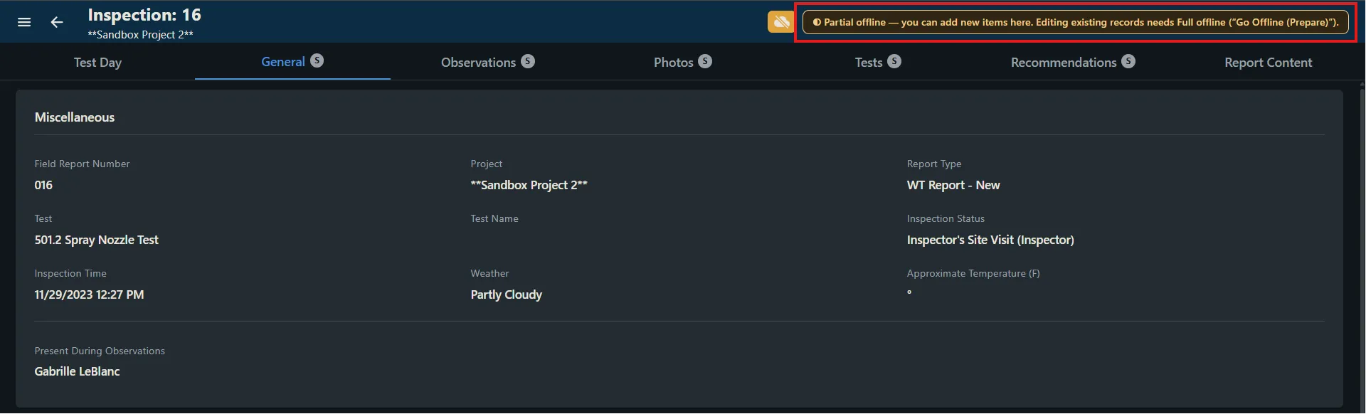 Inspection header showing the orange Partial offline banner: you can add new items here, but editing existing records needs Full offline