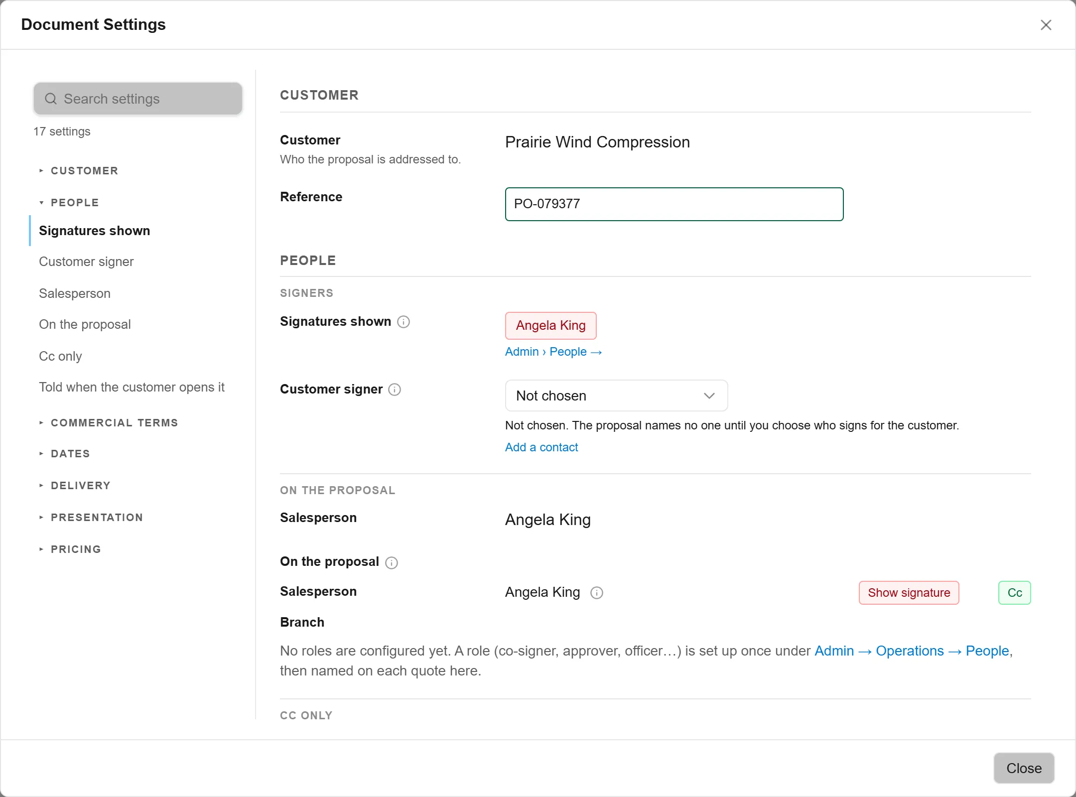 Document Settings open at People: Signatures shown, the customer signer, and the people on the proposal with their Show signature and Cc chips