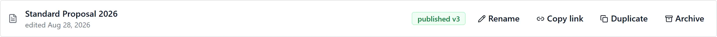 One template row, showing its name and when it was last edited, its published badge, and the Rename, Copy link, Duplicate and Archive controls
