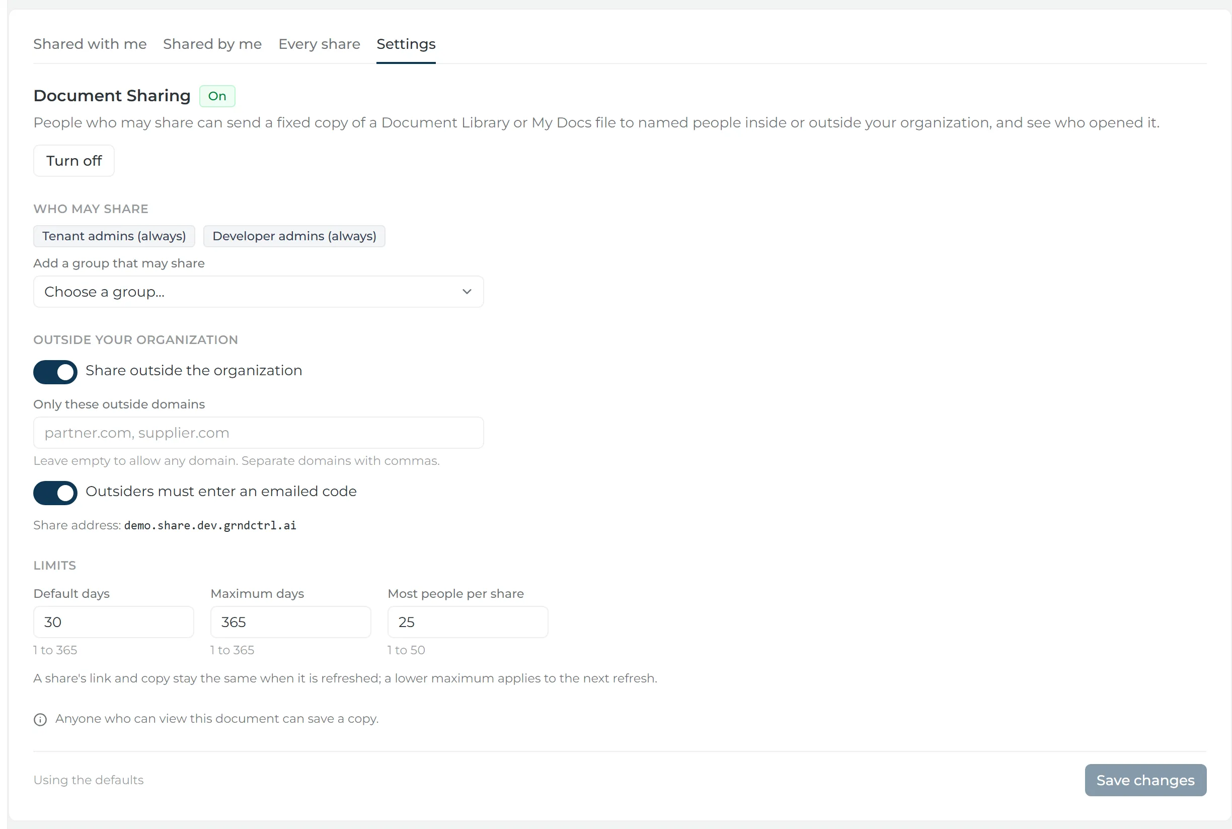 Document Sharing settings after Turn on: sharing On, tenant and developer admins may share, an emailed code required for outsiders, 30 days by default and 365 at most