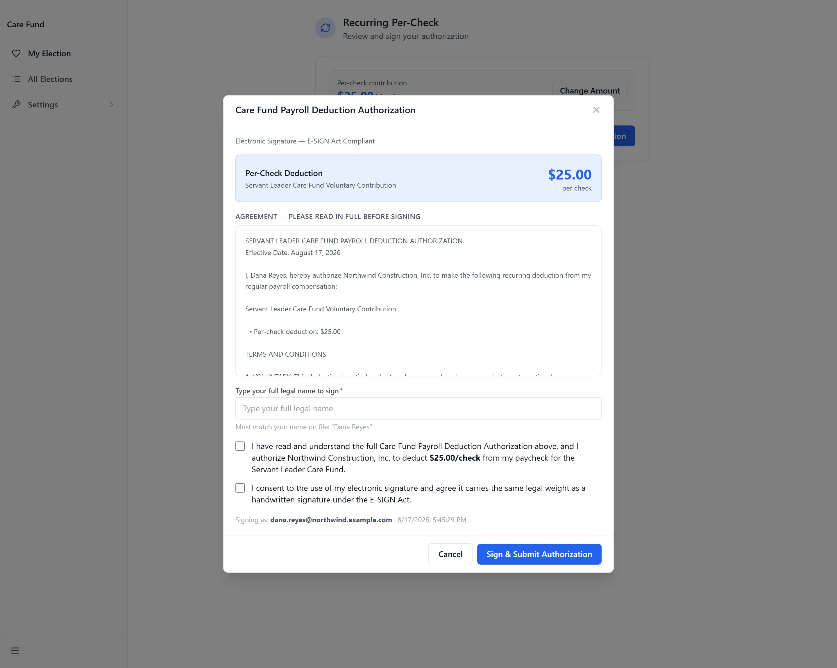 The Care Fund payroll deduction authorization, with the agreement text, the typed-name signature field and both acknowledgement checkboxes