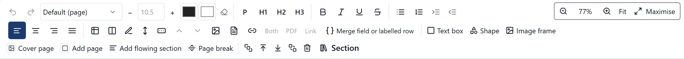 The canvas toolbar, with text formatting above the controls that add a text box, shape or image frame, and a cover page, page, flowing section or page break