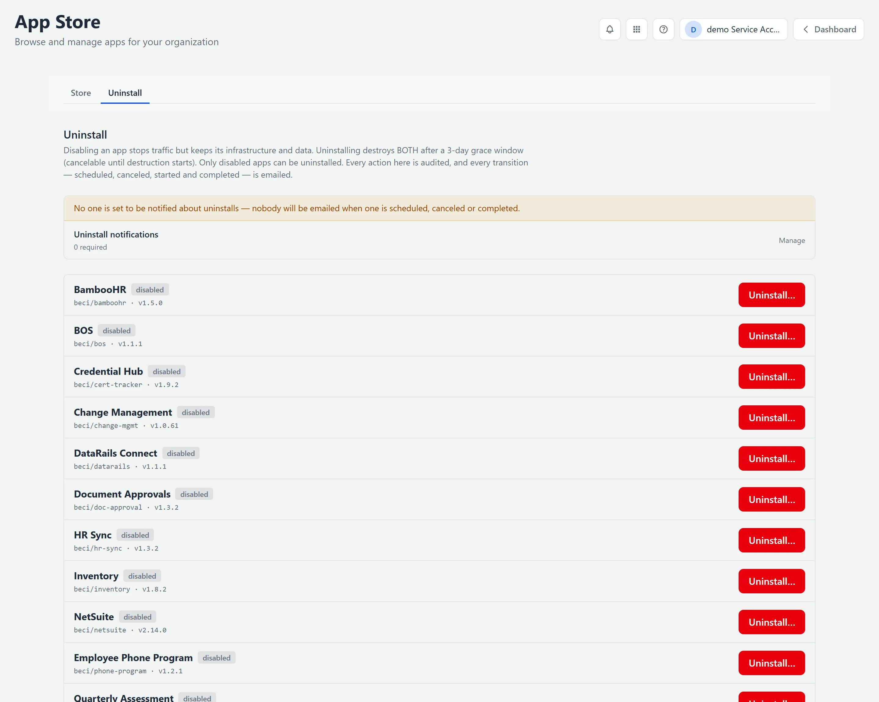 The App Store Uninstall tab, explaining how uninstalling differs from disabling