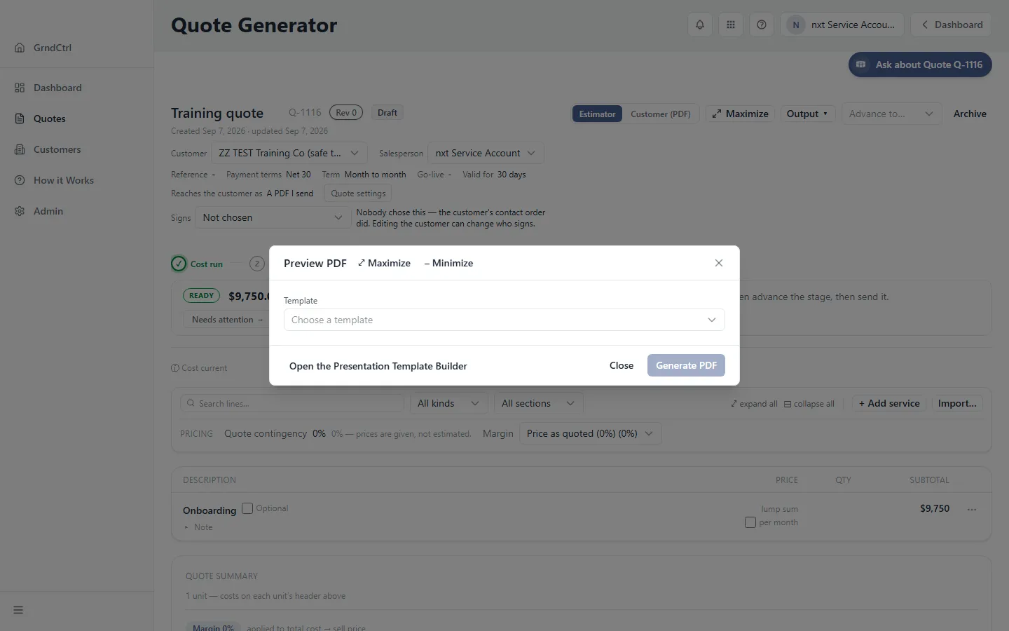 The Preview PDF dialog with the Template picker reading Choose a template and the Generate PDF button
