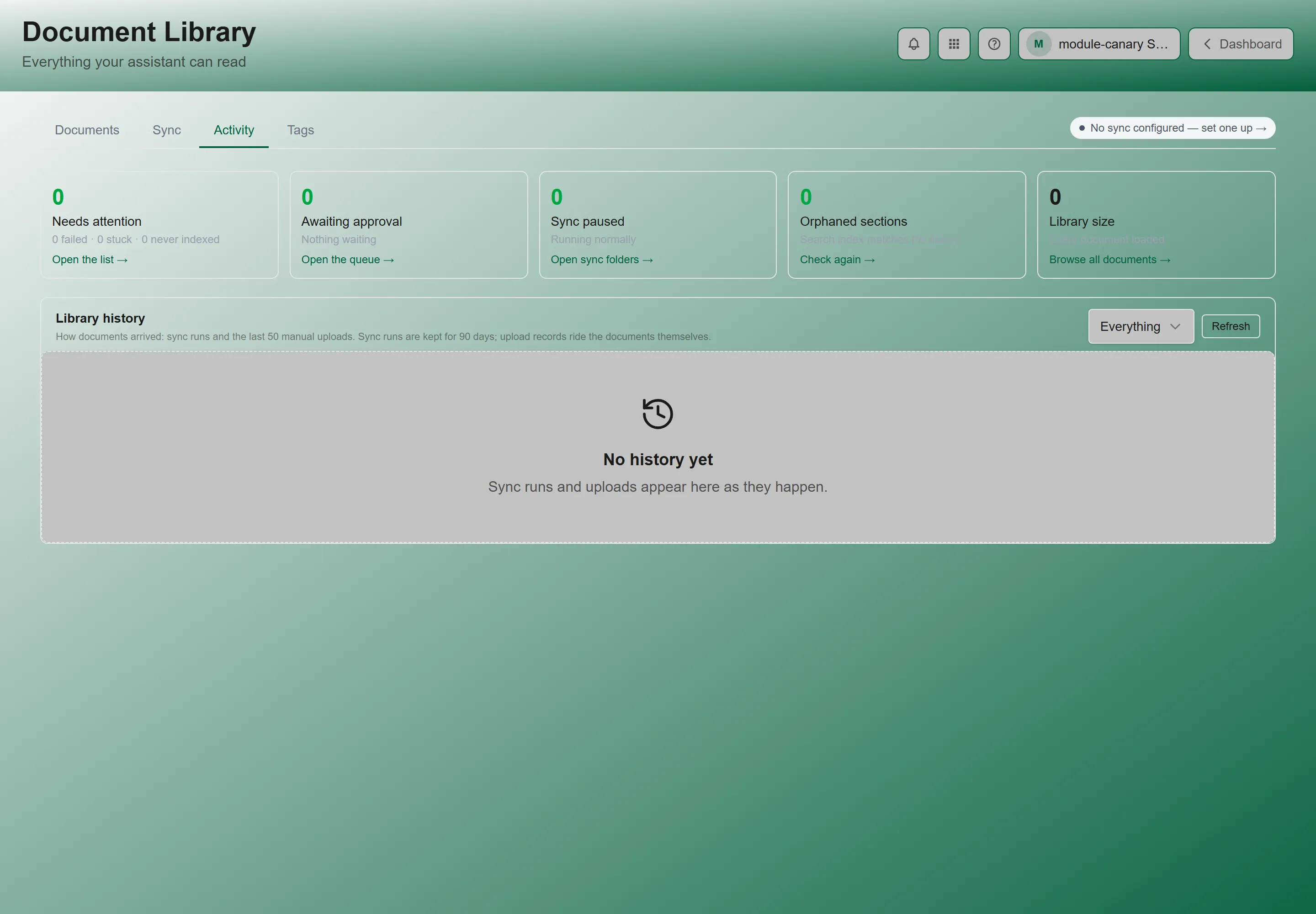 The Document Library Activity tab, showing the finding cards above the library history