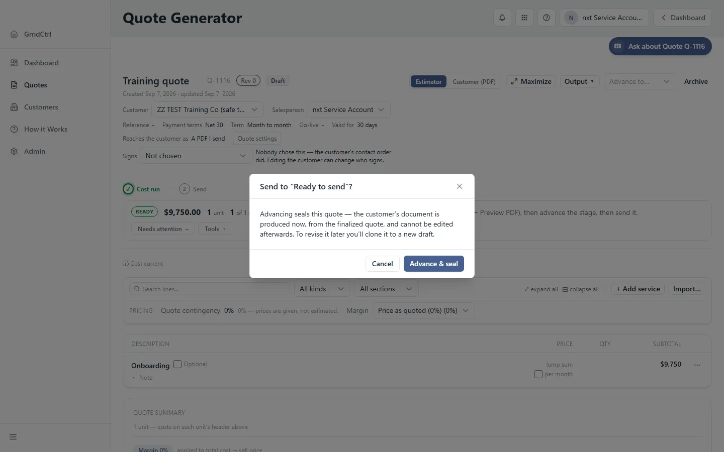 The Send to Ready to send dialog with the Advance & seal button