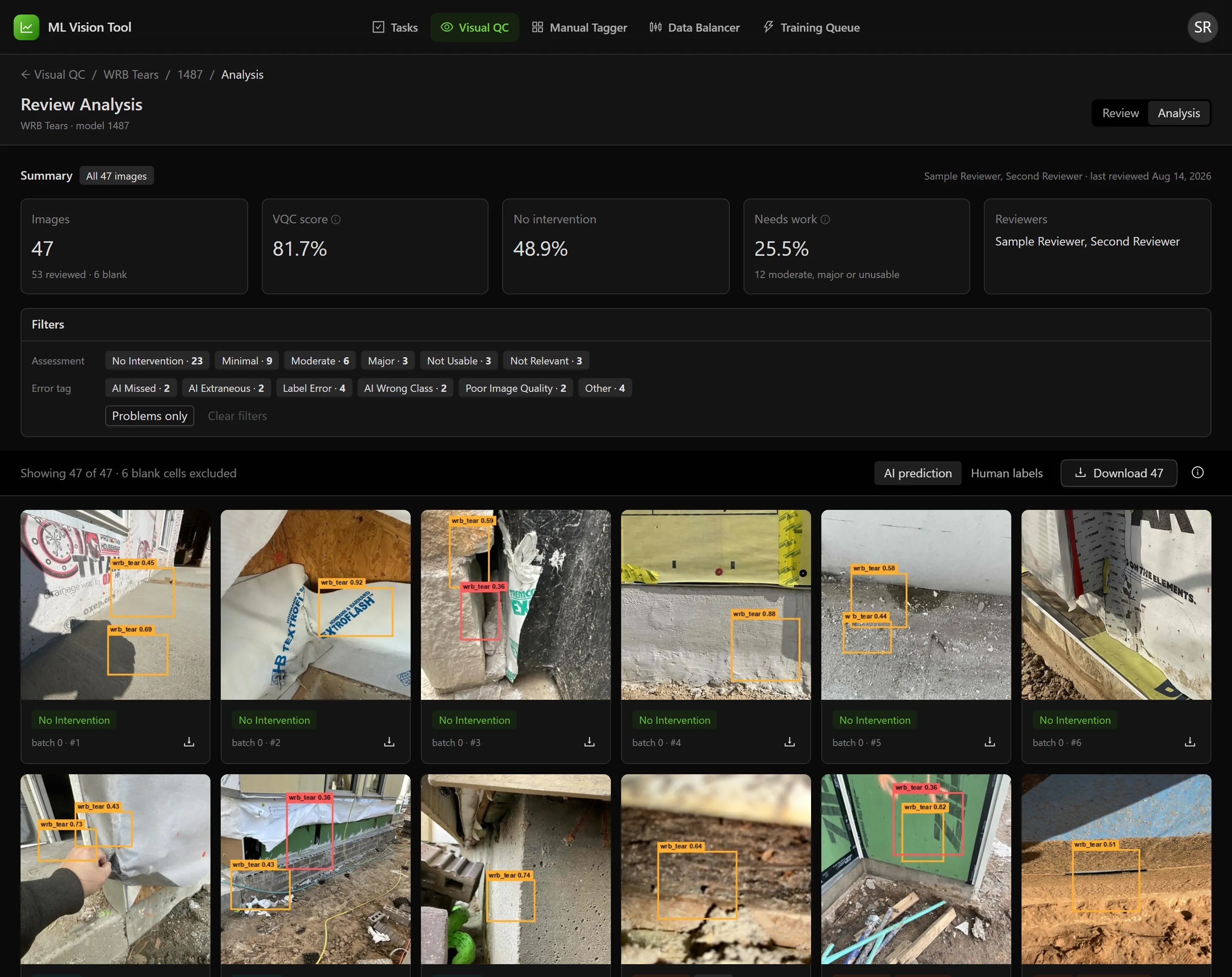 The Review Analysis screen, with images analyzed, VQC score, no-intervention share and reviewers across the top, the assessment and error-tag filters below, and the graded-image gallery under those