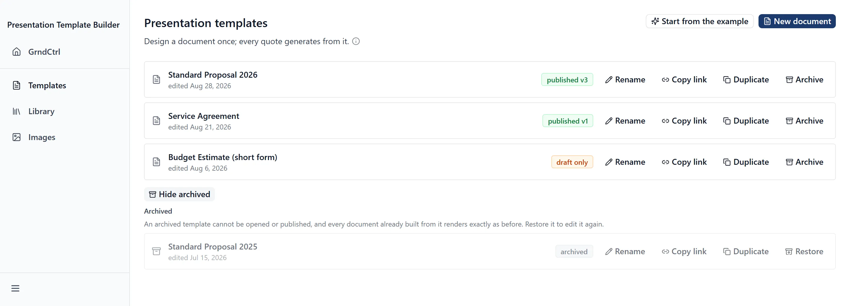 The templates list with archived templates shown, the group explaining that an archived template cannot be opened or published, and a row offering Restore