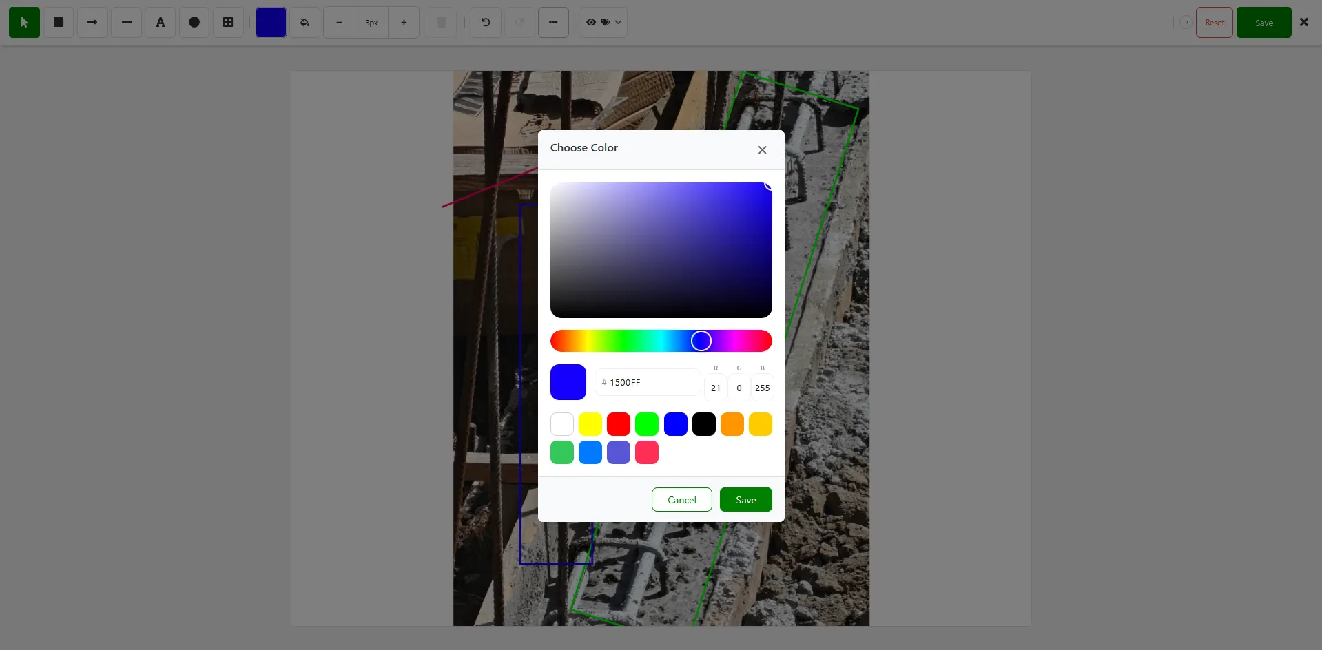 Choose Color picker modal with hue slider, saturation/lightness area, hex input, preset color swatches, and Cancel and Save buttons